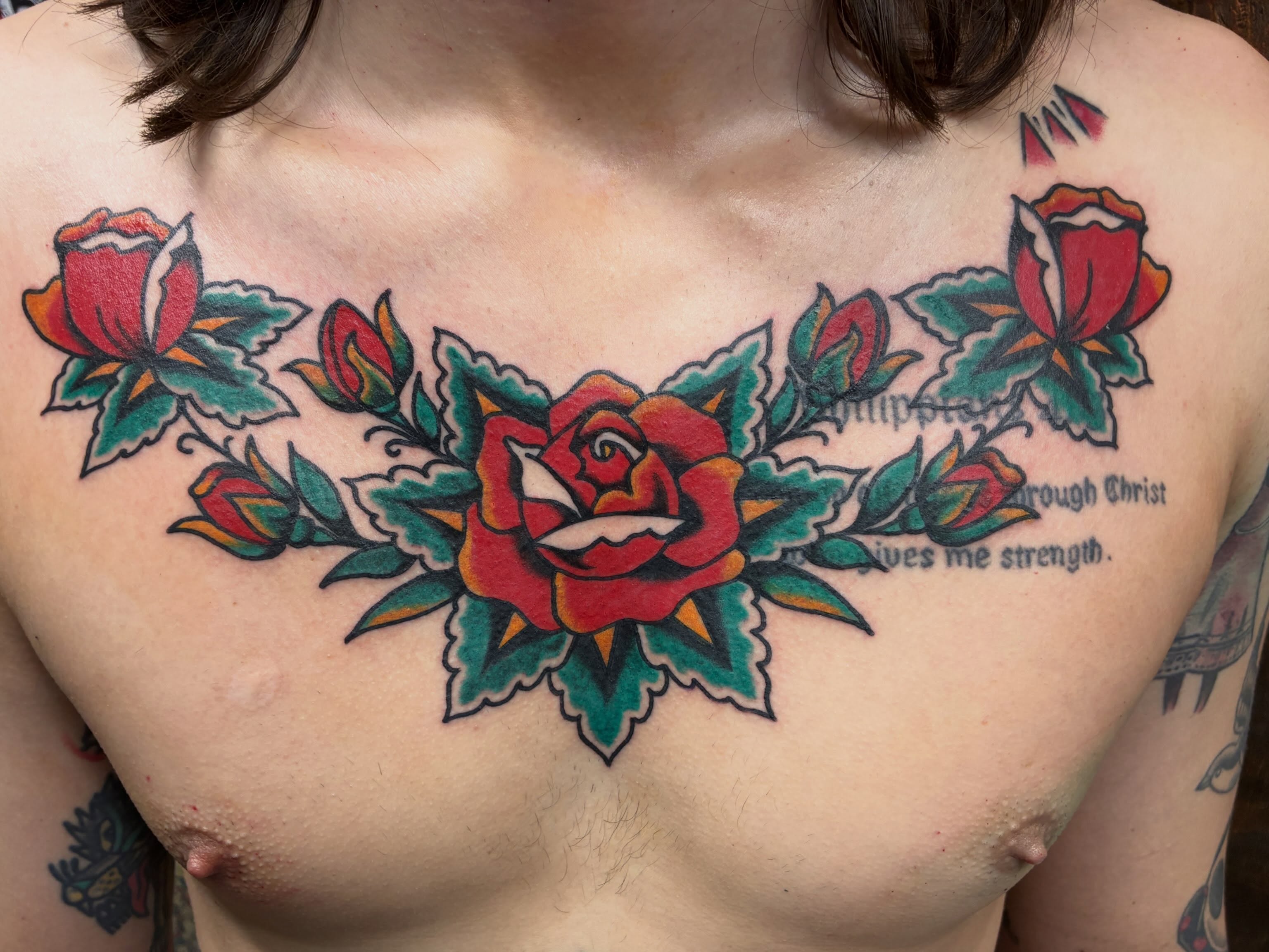 Roses American traditional tattoo on the chest by Chrissie