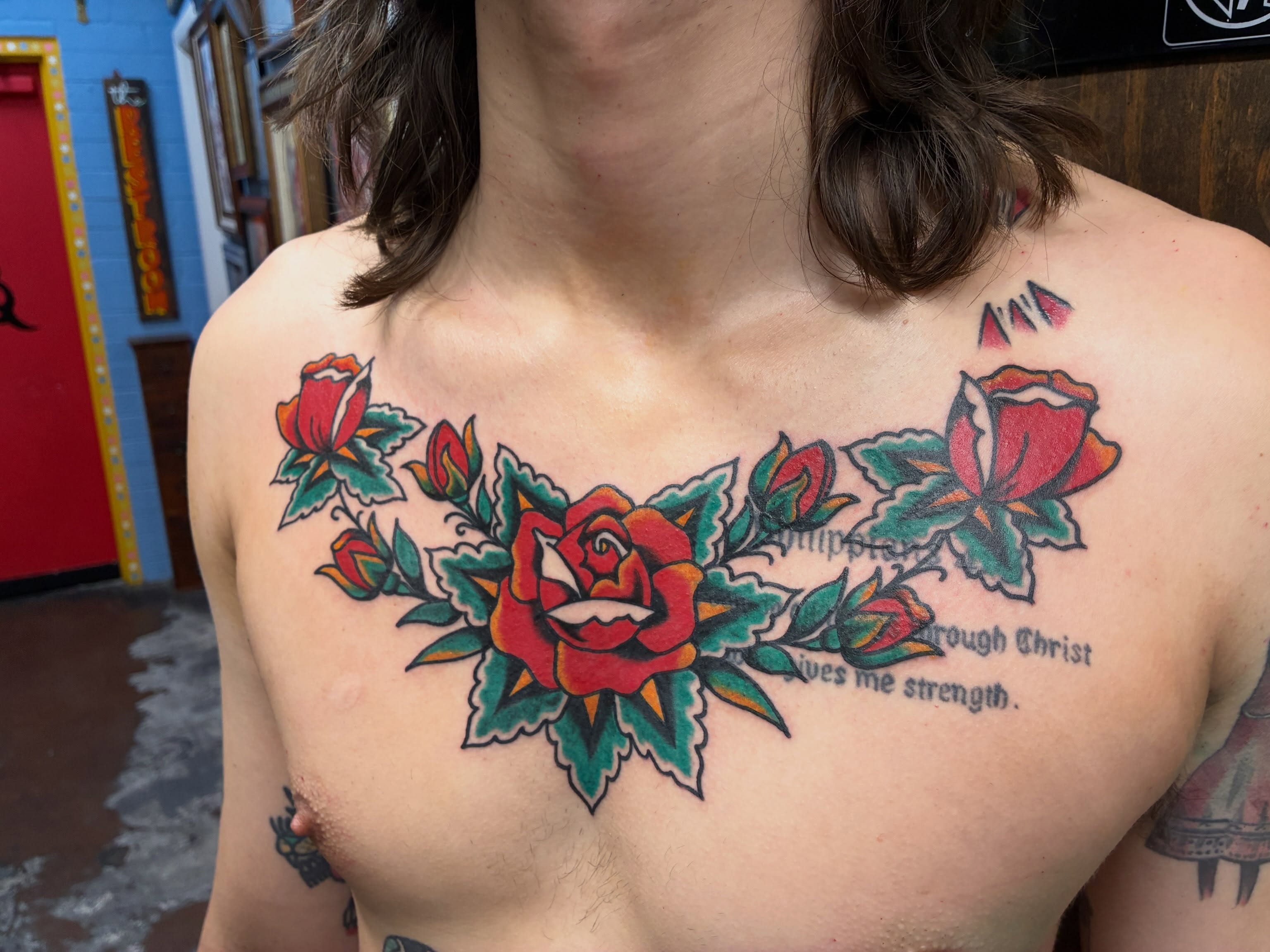 Roses American traditional tattoo on the chest by Chrissie
