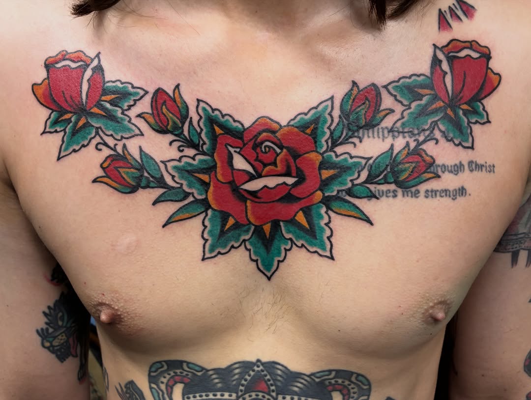 Roses American traditional tattoo on the chest by Chrissie