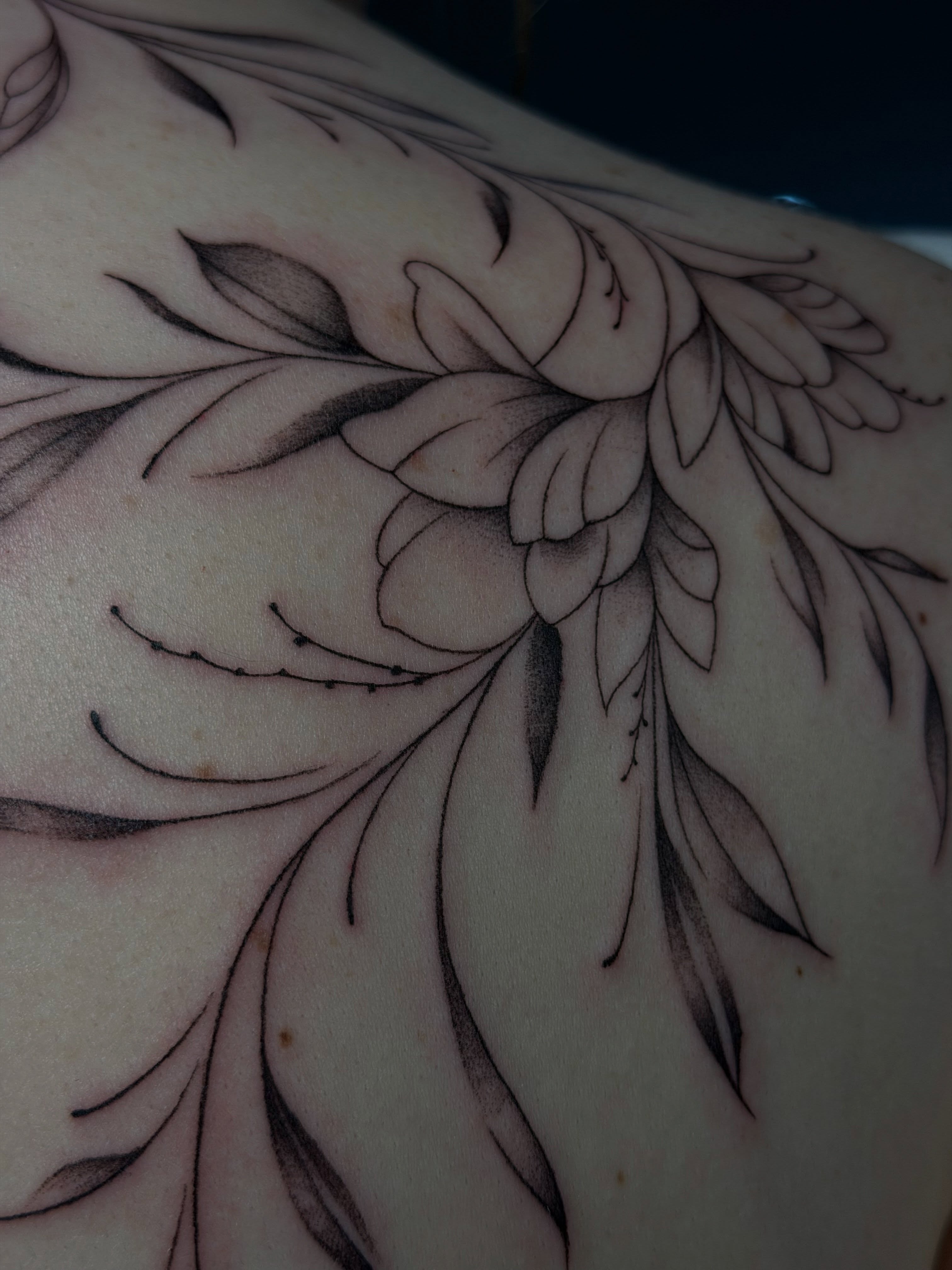 Floral arrangement black and grey tattoo on the shoulder by 𝔍𝔲𝔩𝔦𝔞, New York, New York