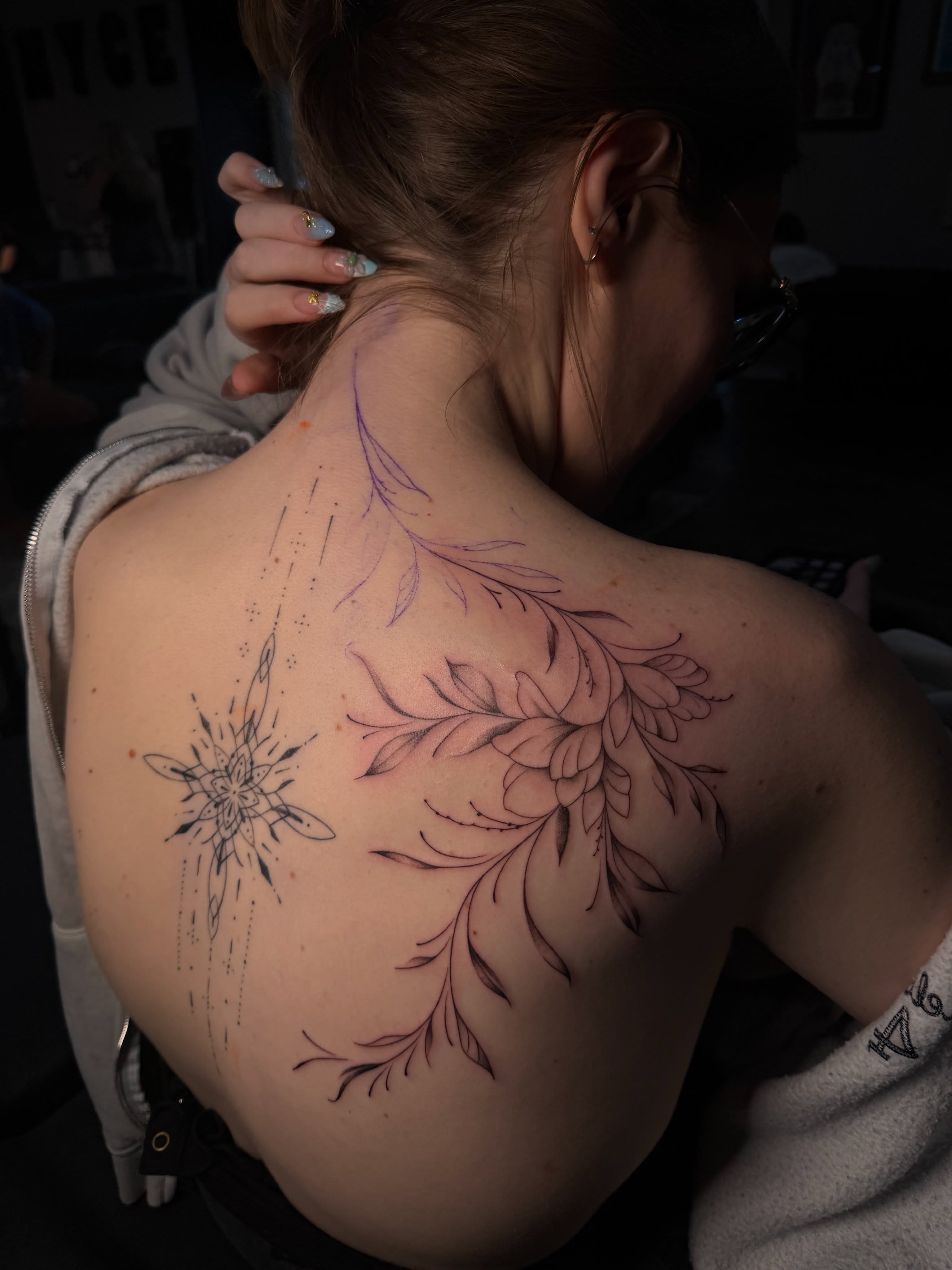 Floral design black and grey tattoo on the shoulder by 𝔍𝔲𝔩𝔦𝔞, New York, New York