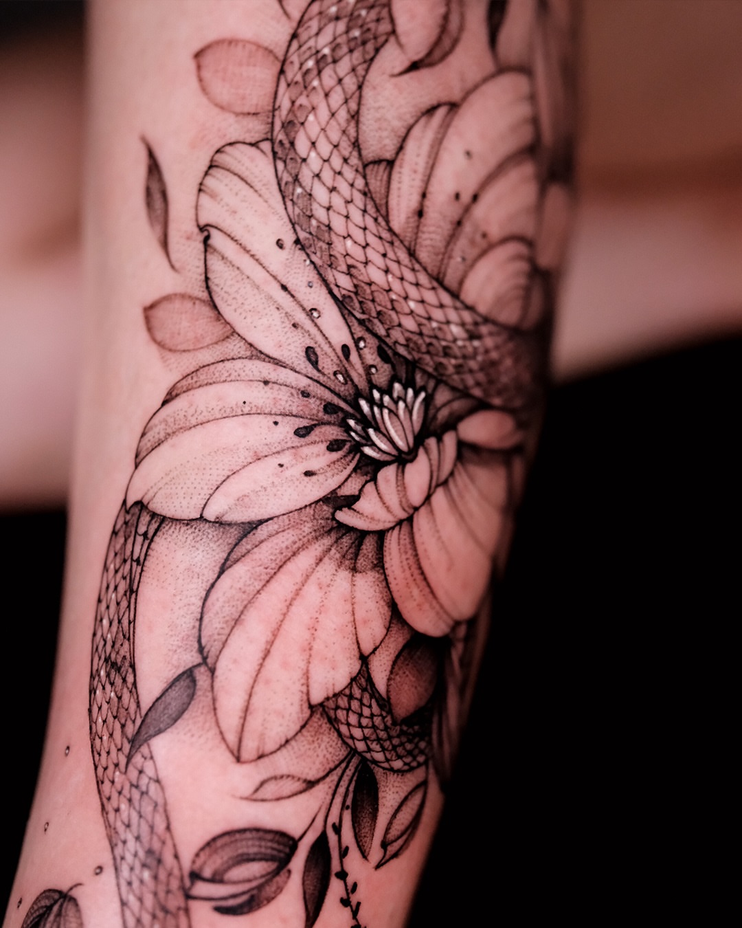 Flower and snake dotwork tattoo on the forearm by Esther ✣ Fine Line Floral Tattoo Artist LA, Los Angeles, California
