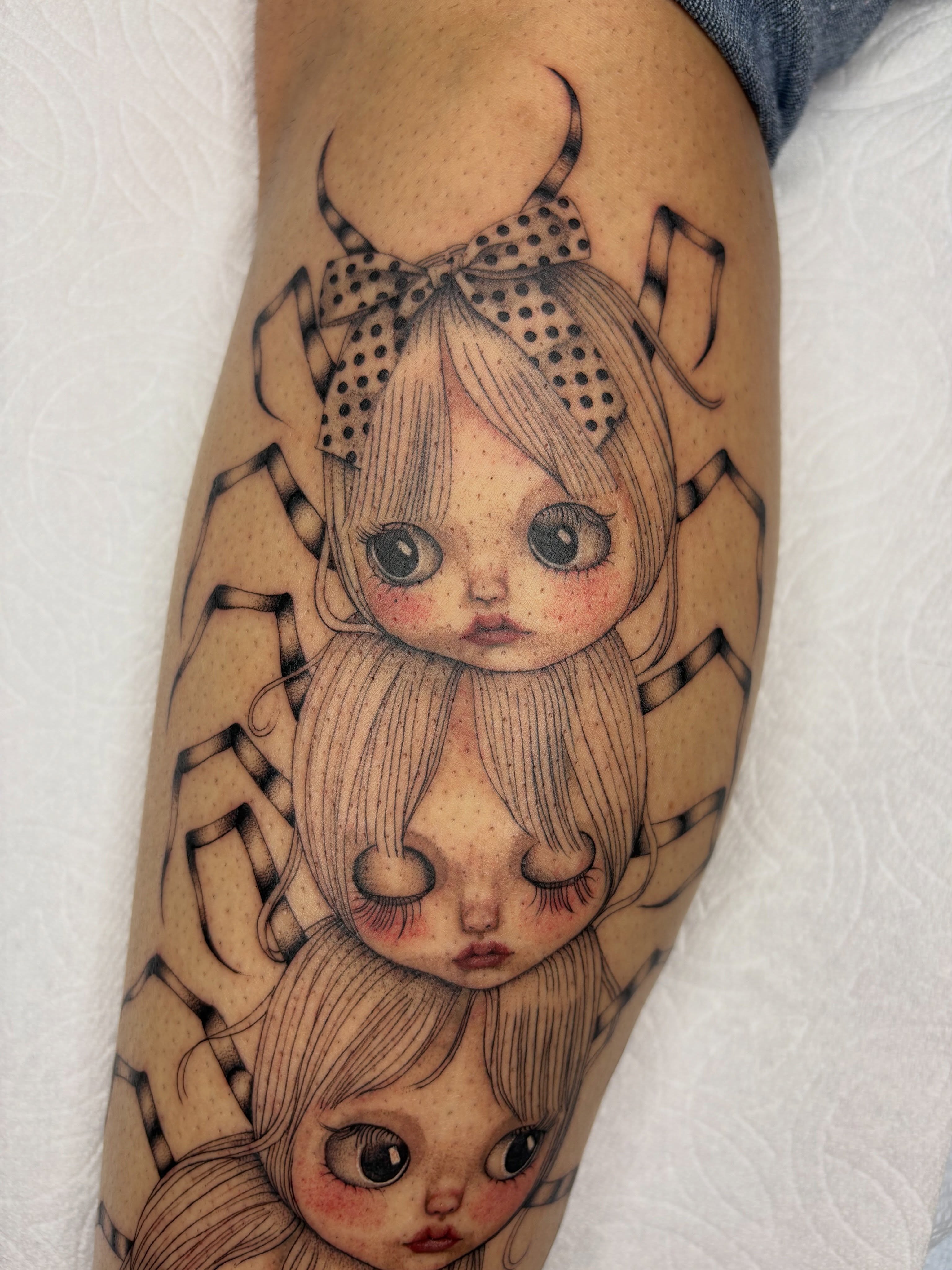 Three girls dotwork tattoo on the forearm by Nori