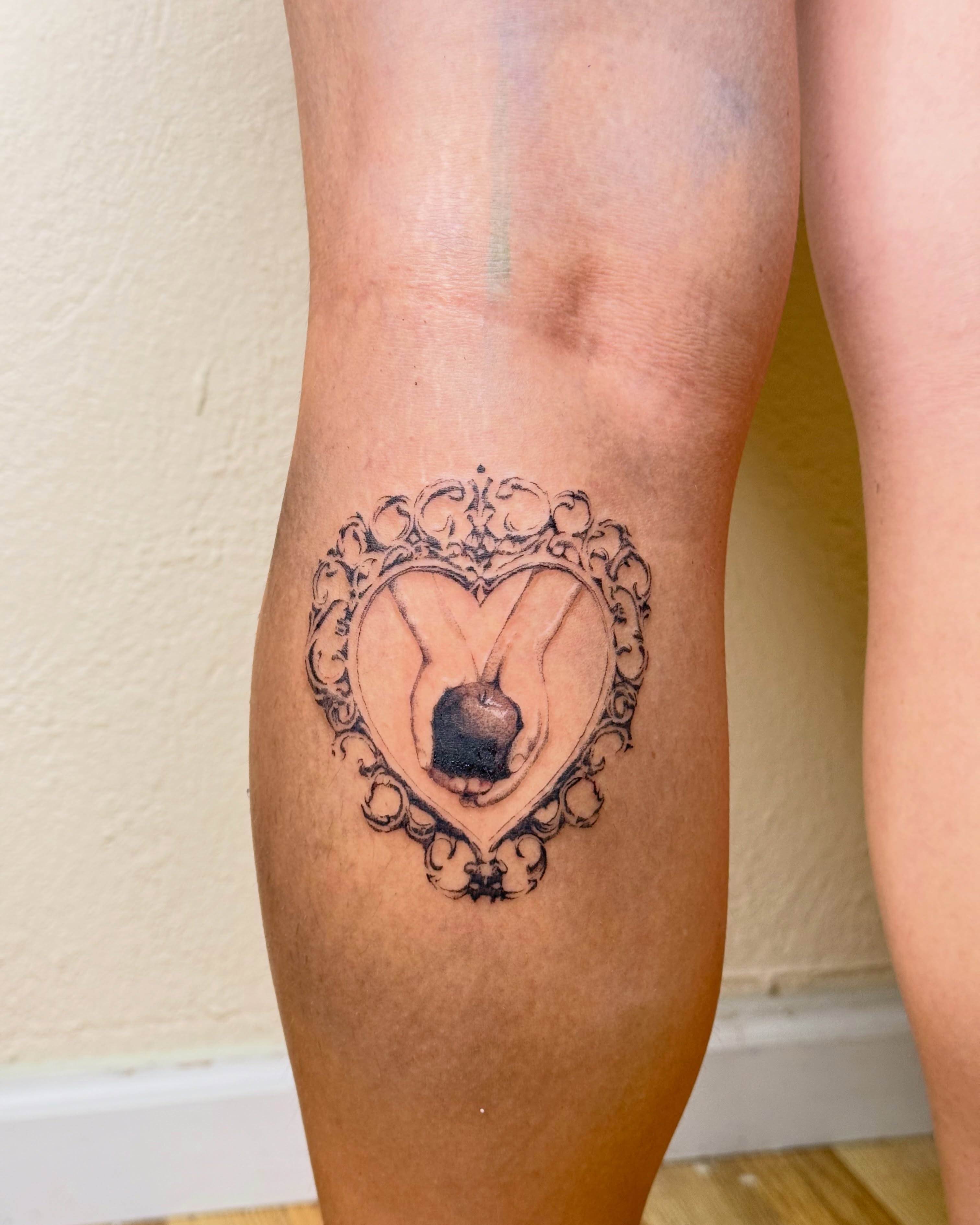 Heart with hands black and grey tattoo on the leg by dewduls :), Berkeley, California