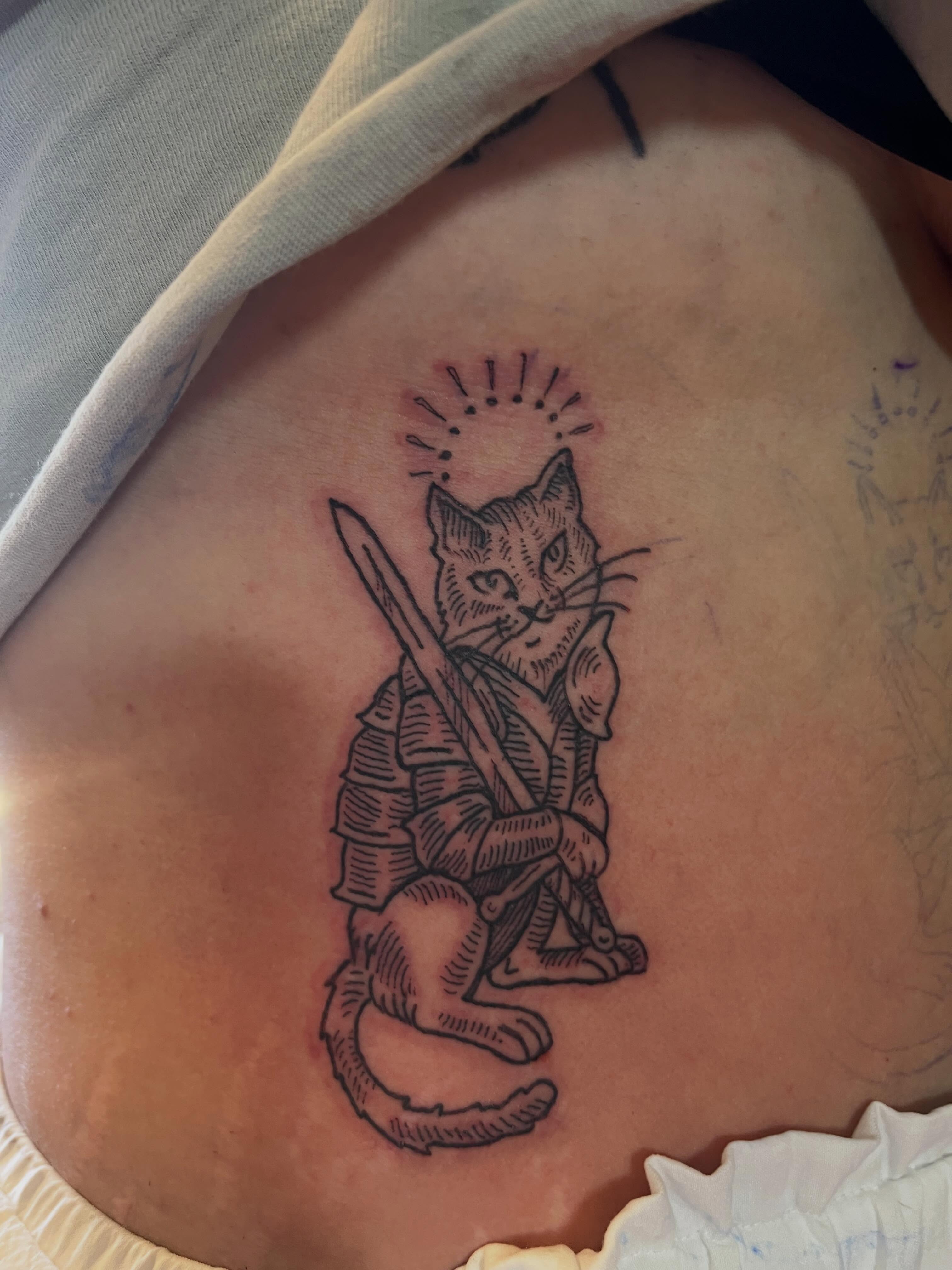 Cat samurai American traditional tattoo on the back by Rafaela Lopez