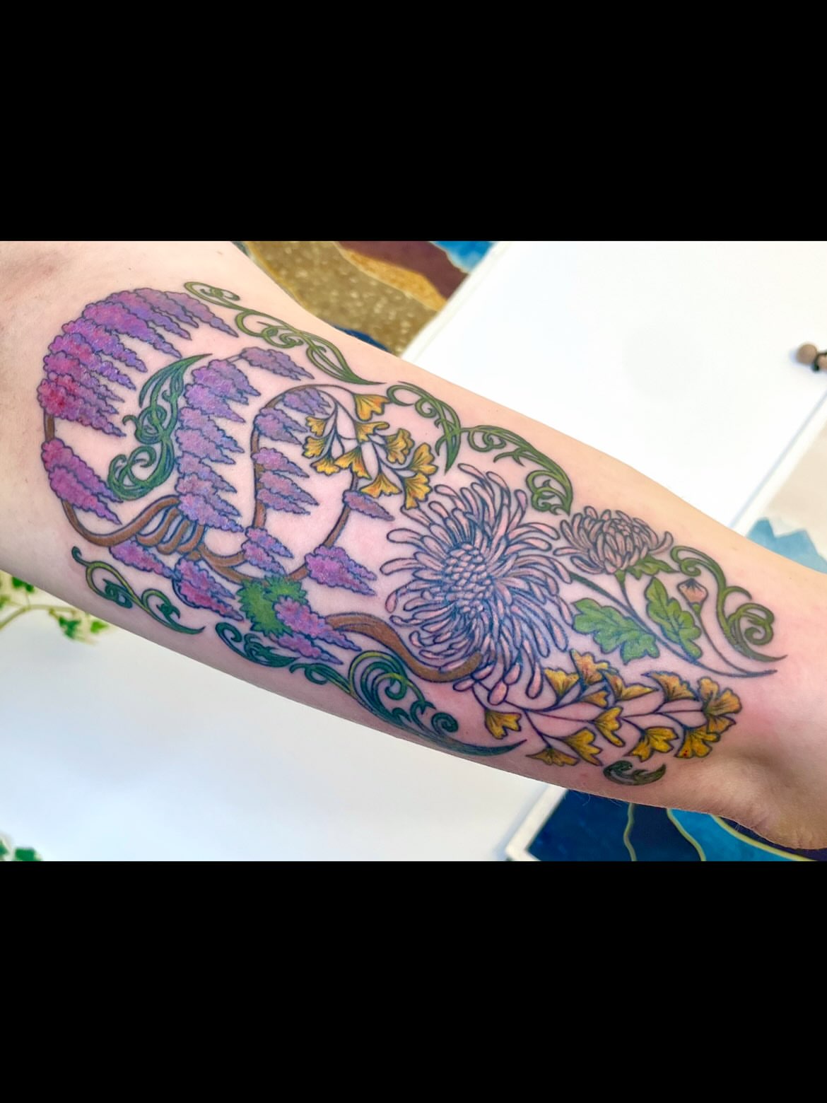 Floral landscape new school tattoo on the forearm by Grace derby tattooist, Derby
