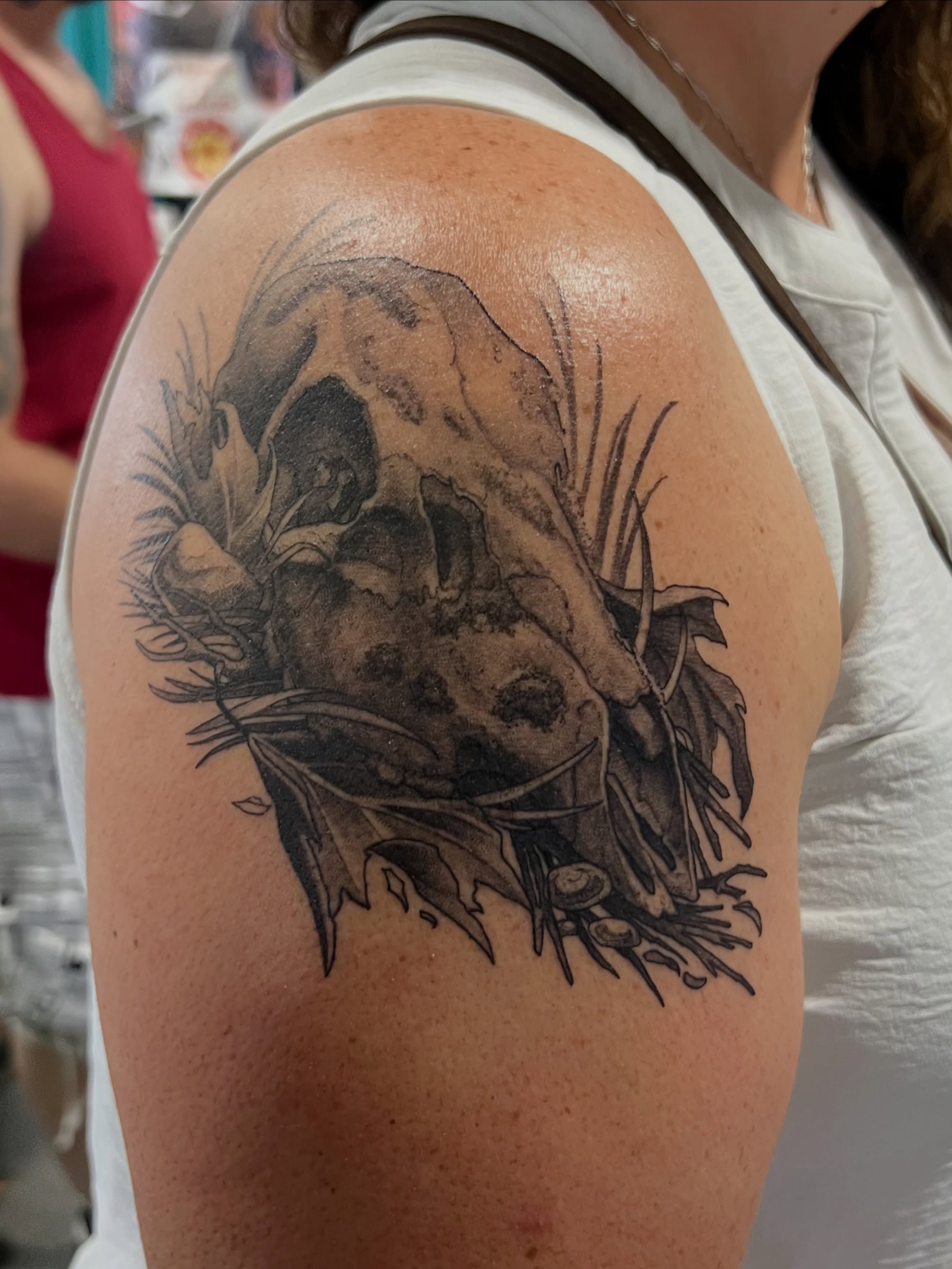 Skull and foliage realism tattoo on the shoulder by Millie, Maryville, Tennessee