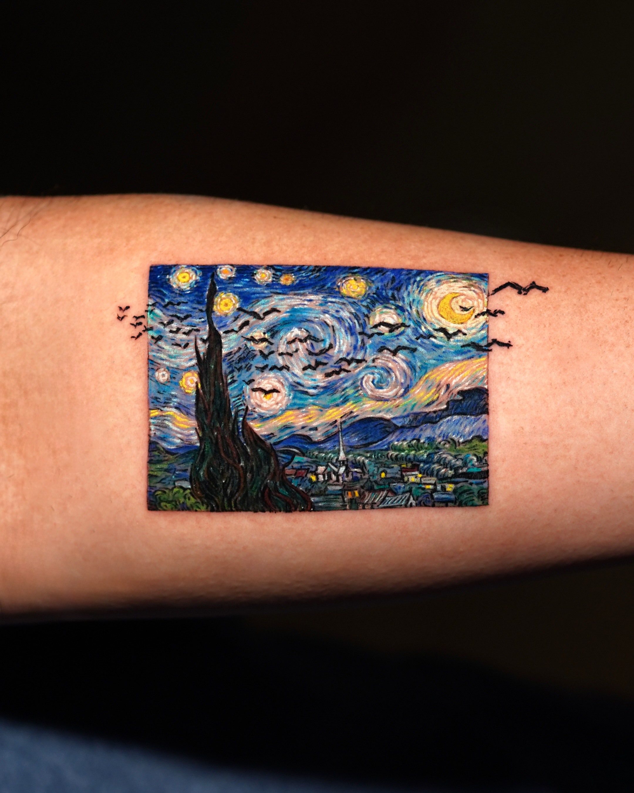 Starry night dotwork tattoo on the forearm by Lani  라니