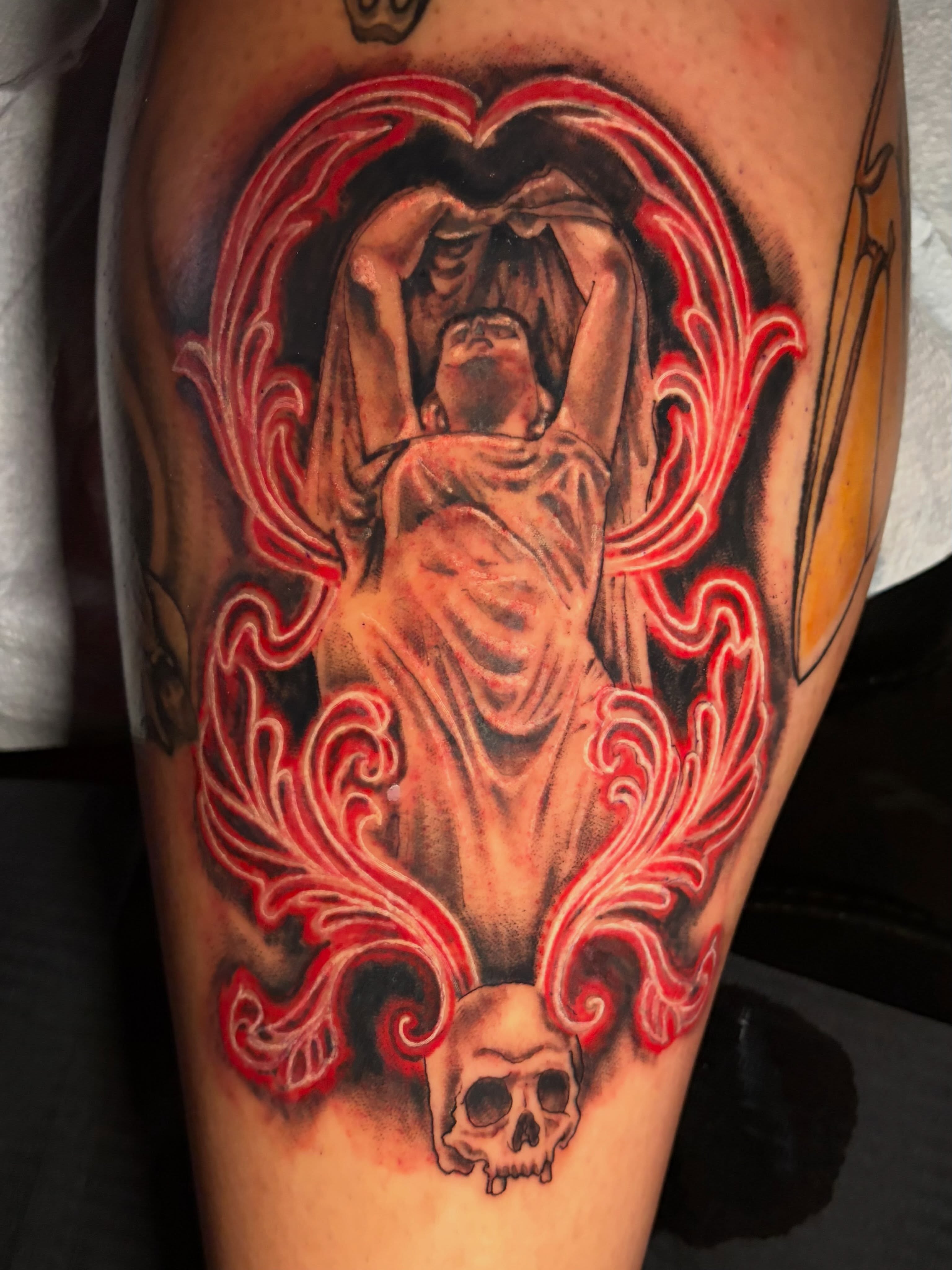 Resurrection scene American traditional tattoo on the thigh by Fredrick Tigerman