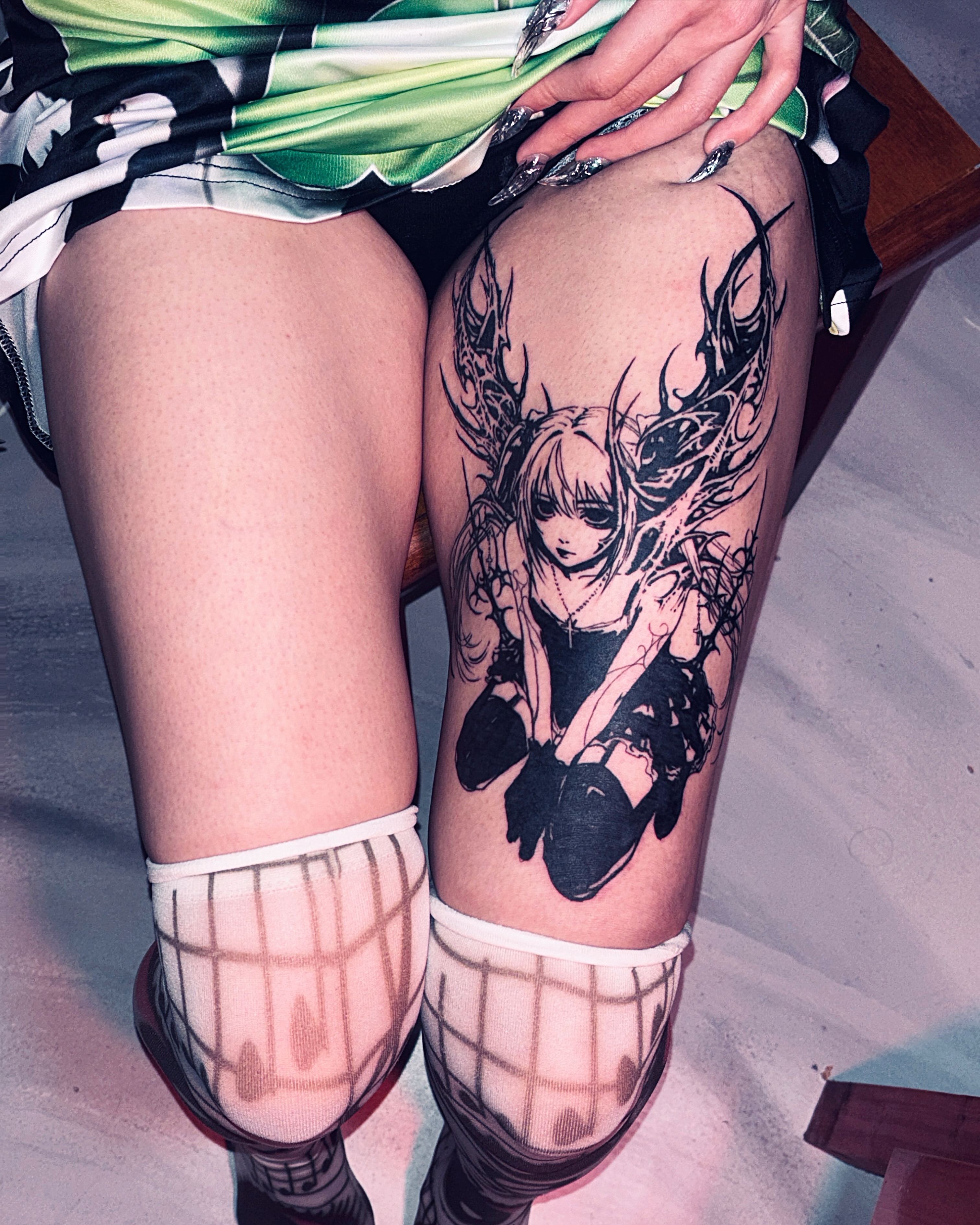 Anime character anime tattoo on the thigh by LX7