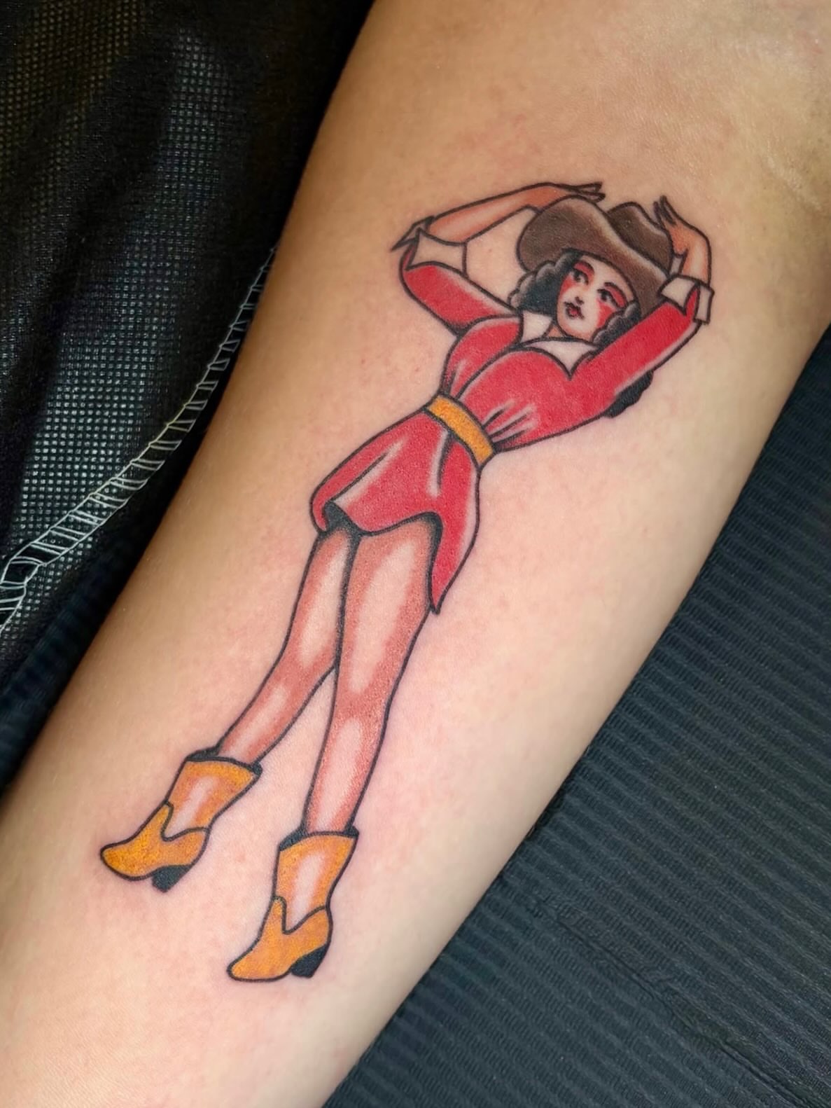 Cowgirl American traditional tattoo on the forearm by Danelle ✶ Nashville Tattooer