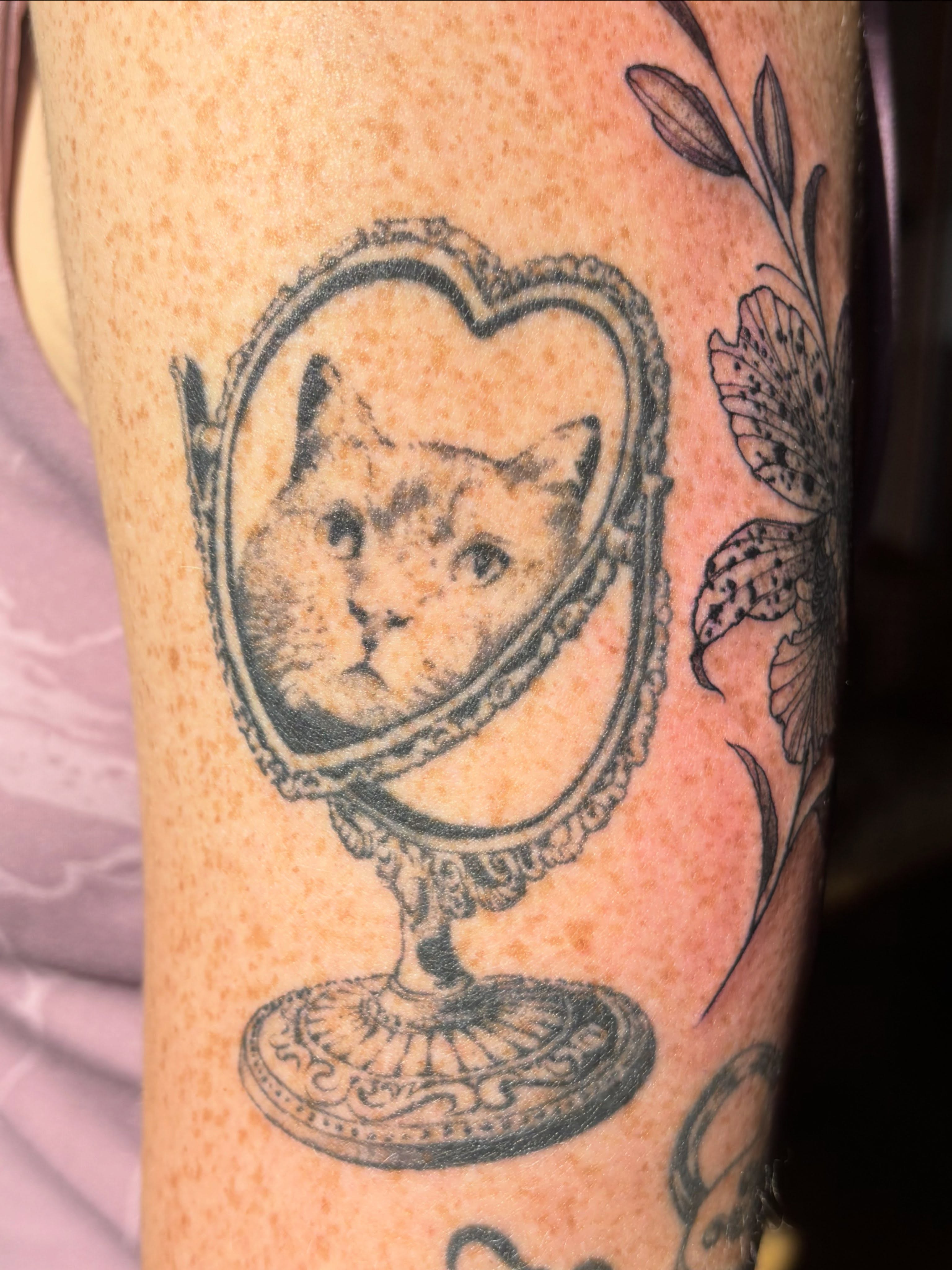 Cat in mirror black and grey tattoo on the forearm by Anna Kathleen, Des Moines, Iowa