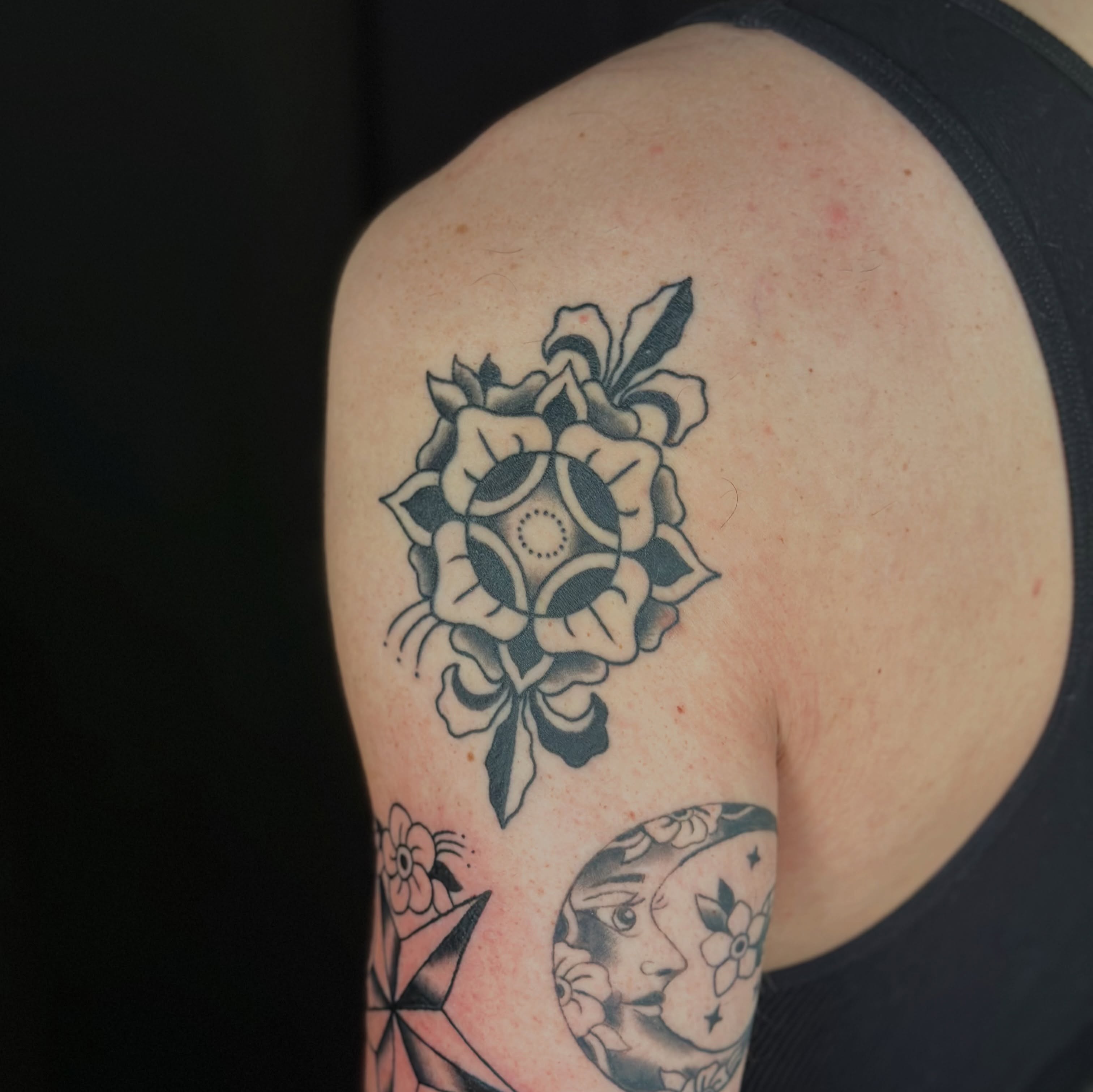 Rose black and grey tattoo on the shoulder by Tyyler Santor (Tattoo Artist), Somerville, Massachusetts