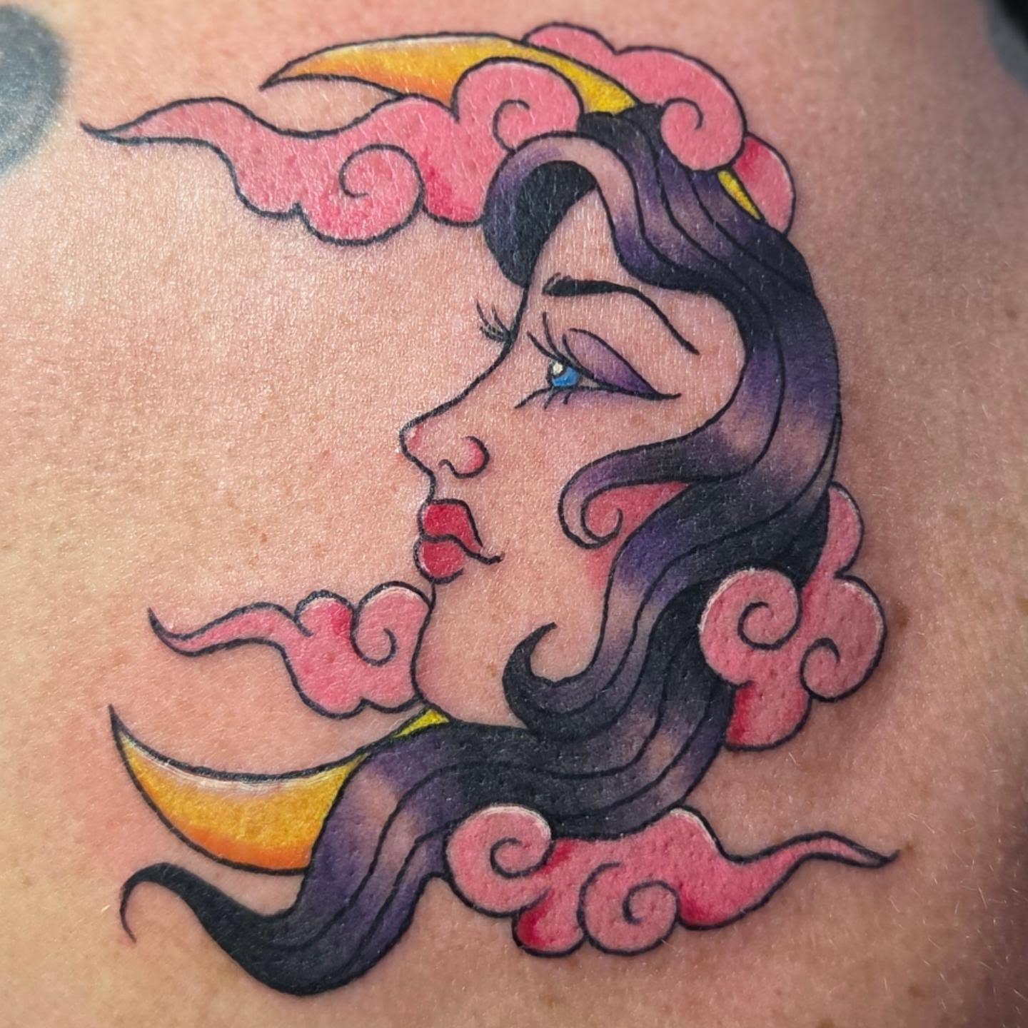 Woman with clouds American traditional tattoo on the shoulder by Jam ⚡️🐉🖤