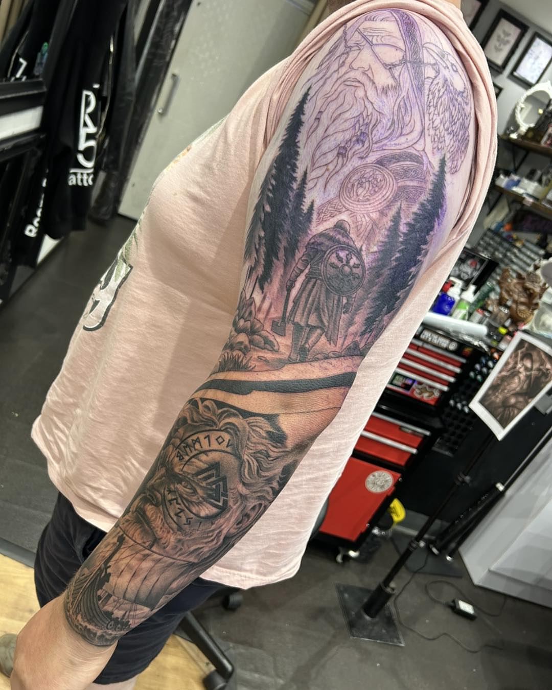 Forest scene with warrior realism tattoo on the upper arm by Room 5 Tattoo