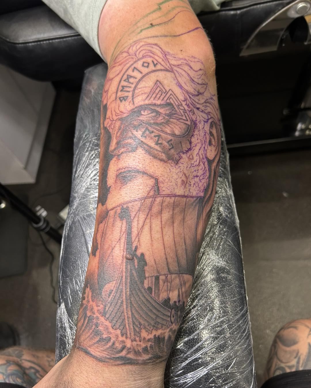 Viking warrior black and grey tattoo on the forearm by Room 5 Tattoo