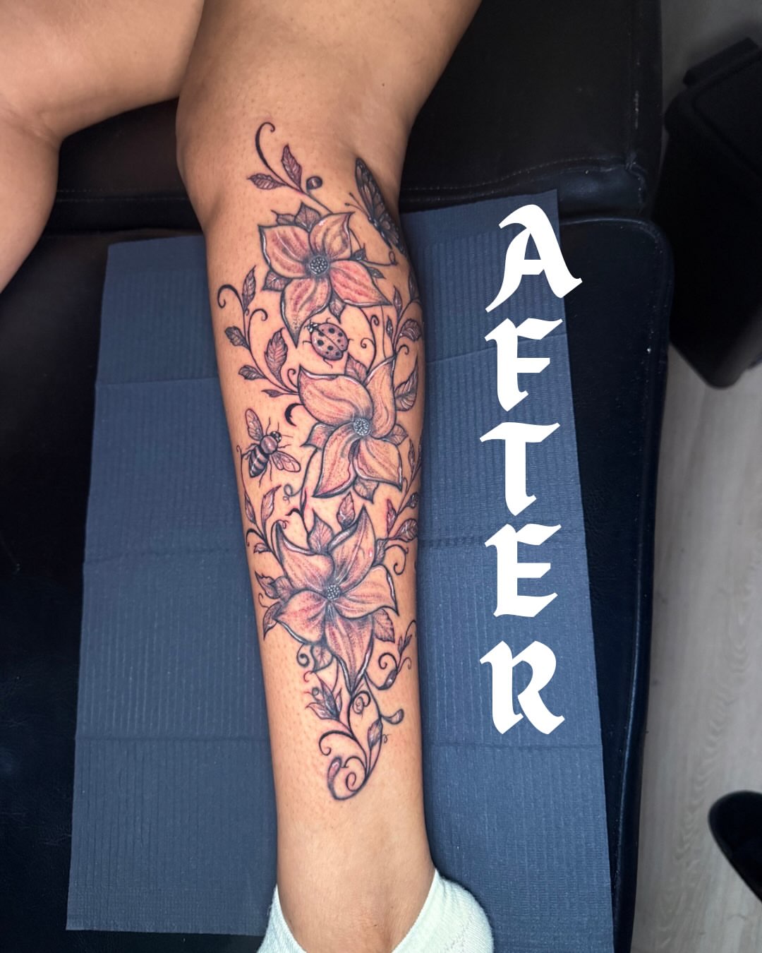 Floral bouquet neo-traditional tattoo on the calf by Kelsoink