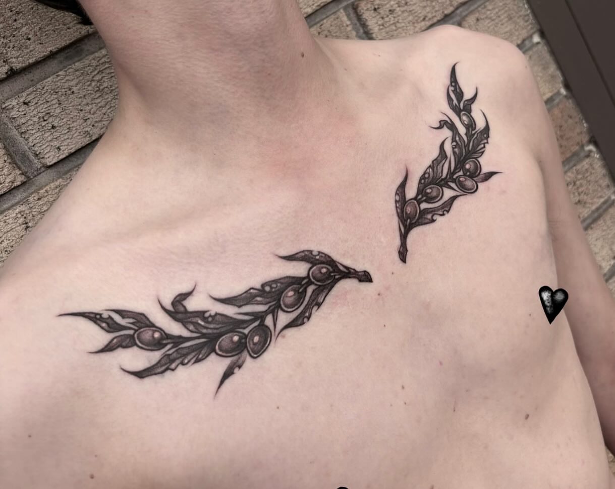 Olive branch black and grey tattoo on the chest by ๐ท๐๐๐๐
