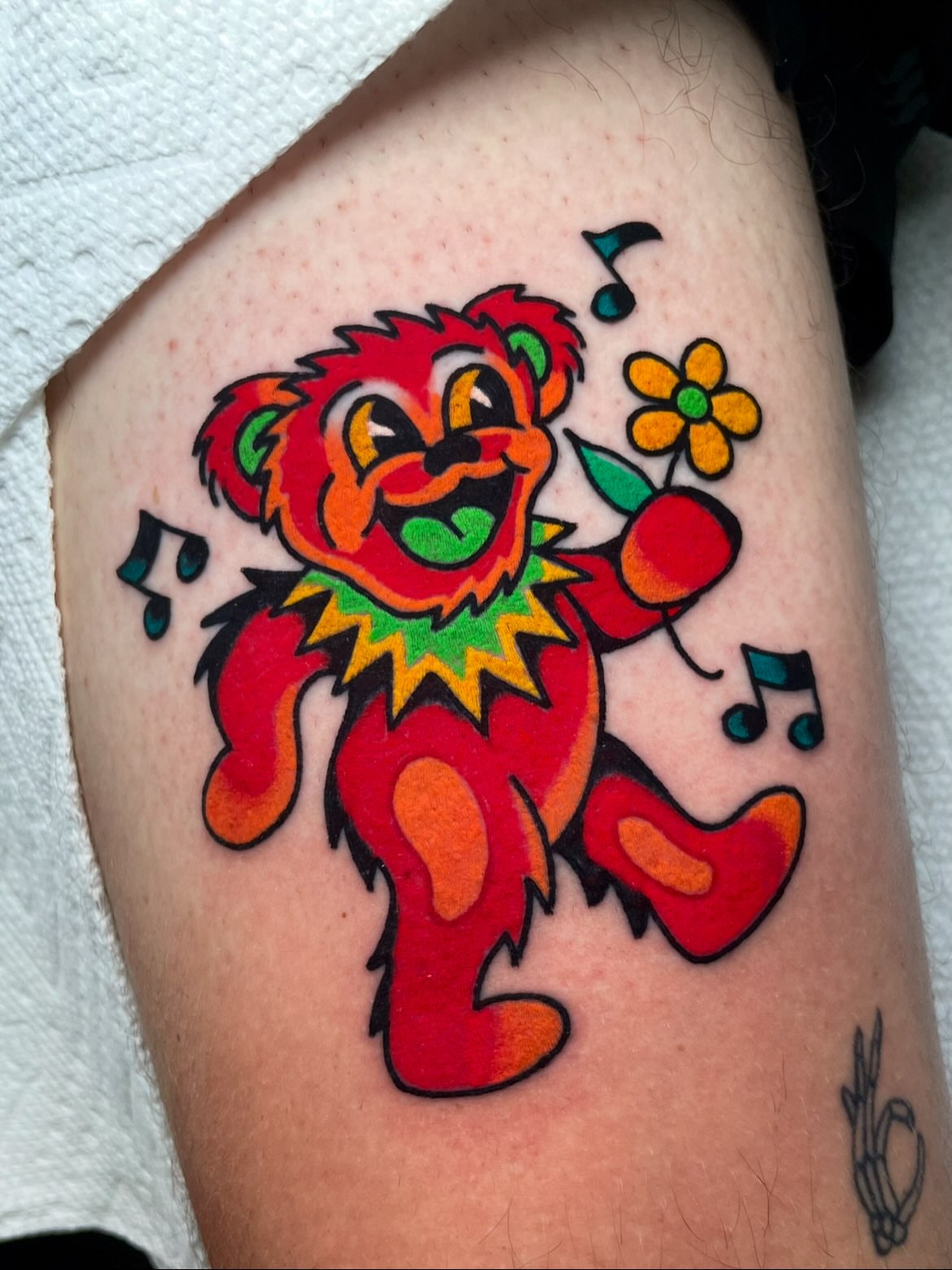 Grateful dead bear American traditional tattoo on the thigh by Ryan McDonald