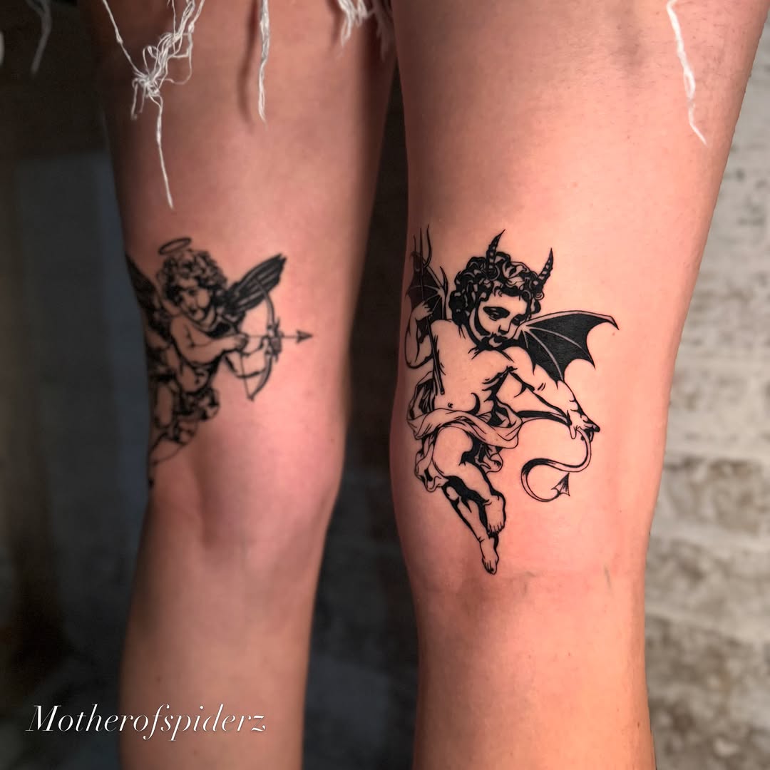 Cherub black and grey tattoo on the leg by Alyssa Garza