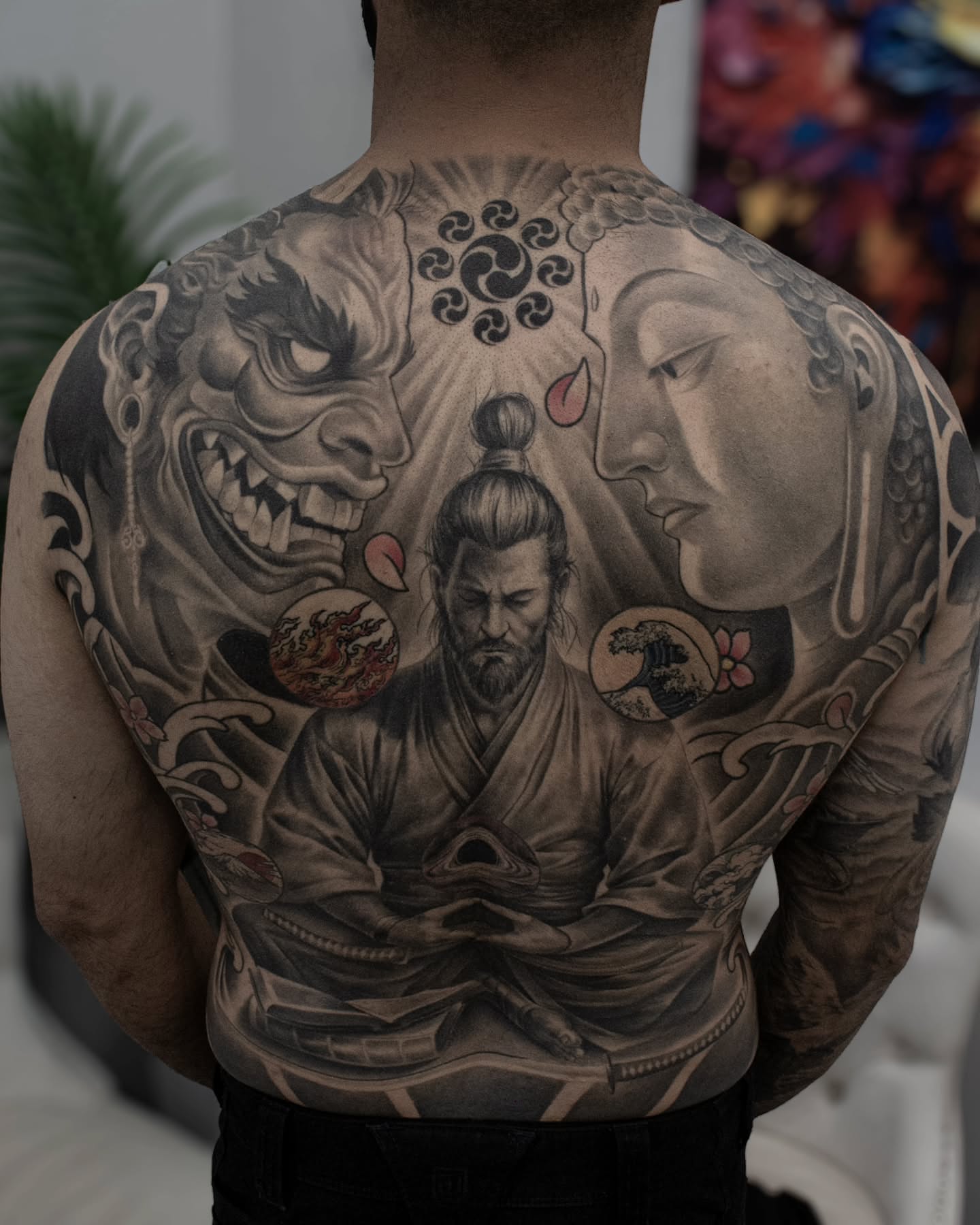 Meditation scene japanese irezumi tattoo on the back by Erik Bonilla
