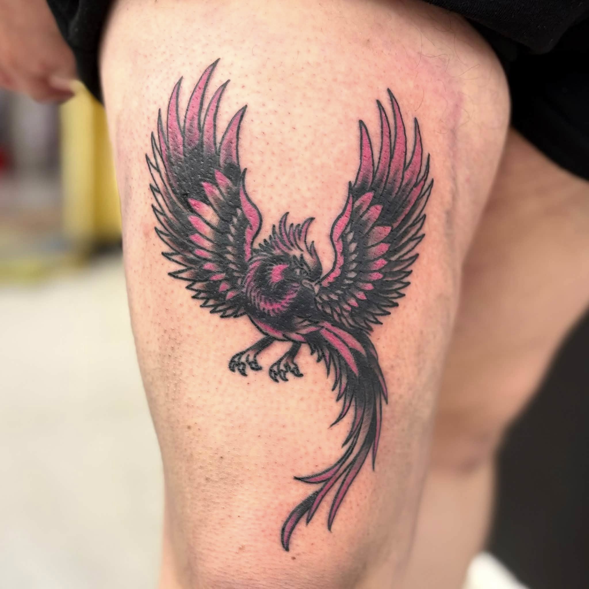Phoenix neo-traditional tattoo on the thigh by Jon Anderson
