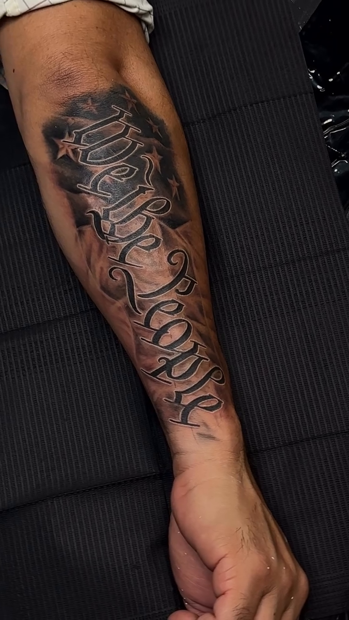 Tattoo by @tattooarielle — lettering_script, black_and_grey
