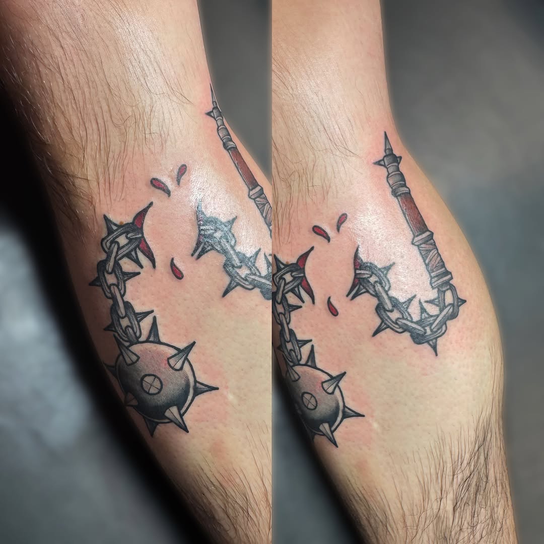 Spiked chain and dagger neo-traditional tattoo on the forearm by Kelsey 🖤 Tattoo Artist, Waterford Township