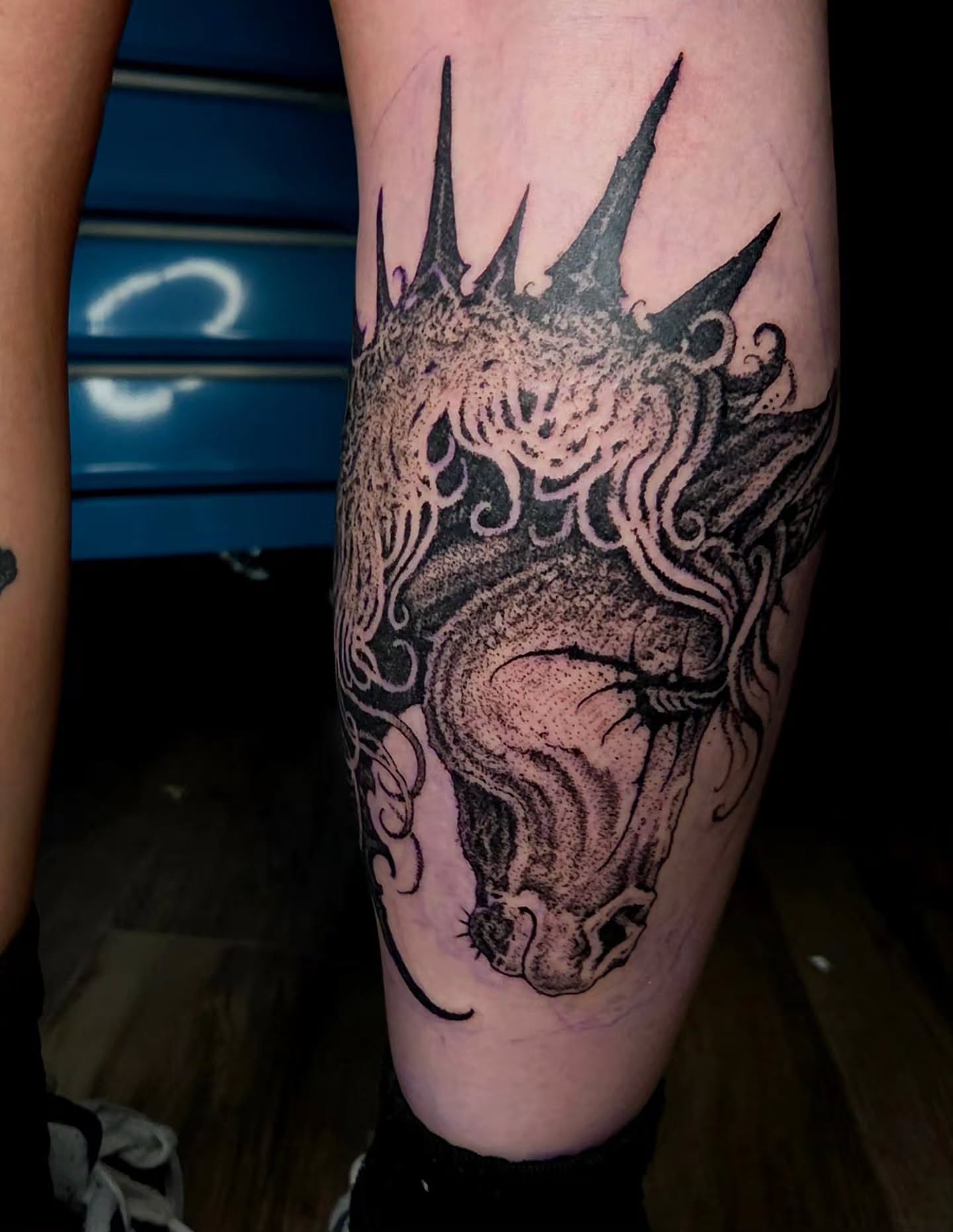 Horse head dotwork tattoo on the forearm by @hellscribe