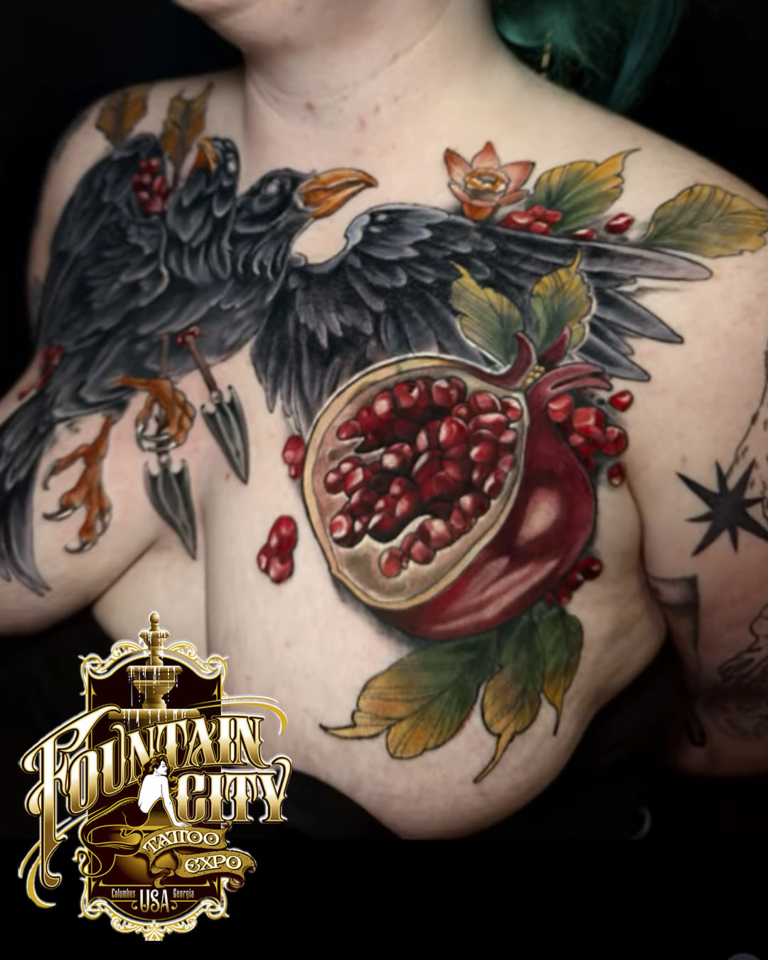 Pomegranate and ravens realism tattoo on the chest by Jenn Golgan