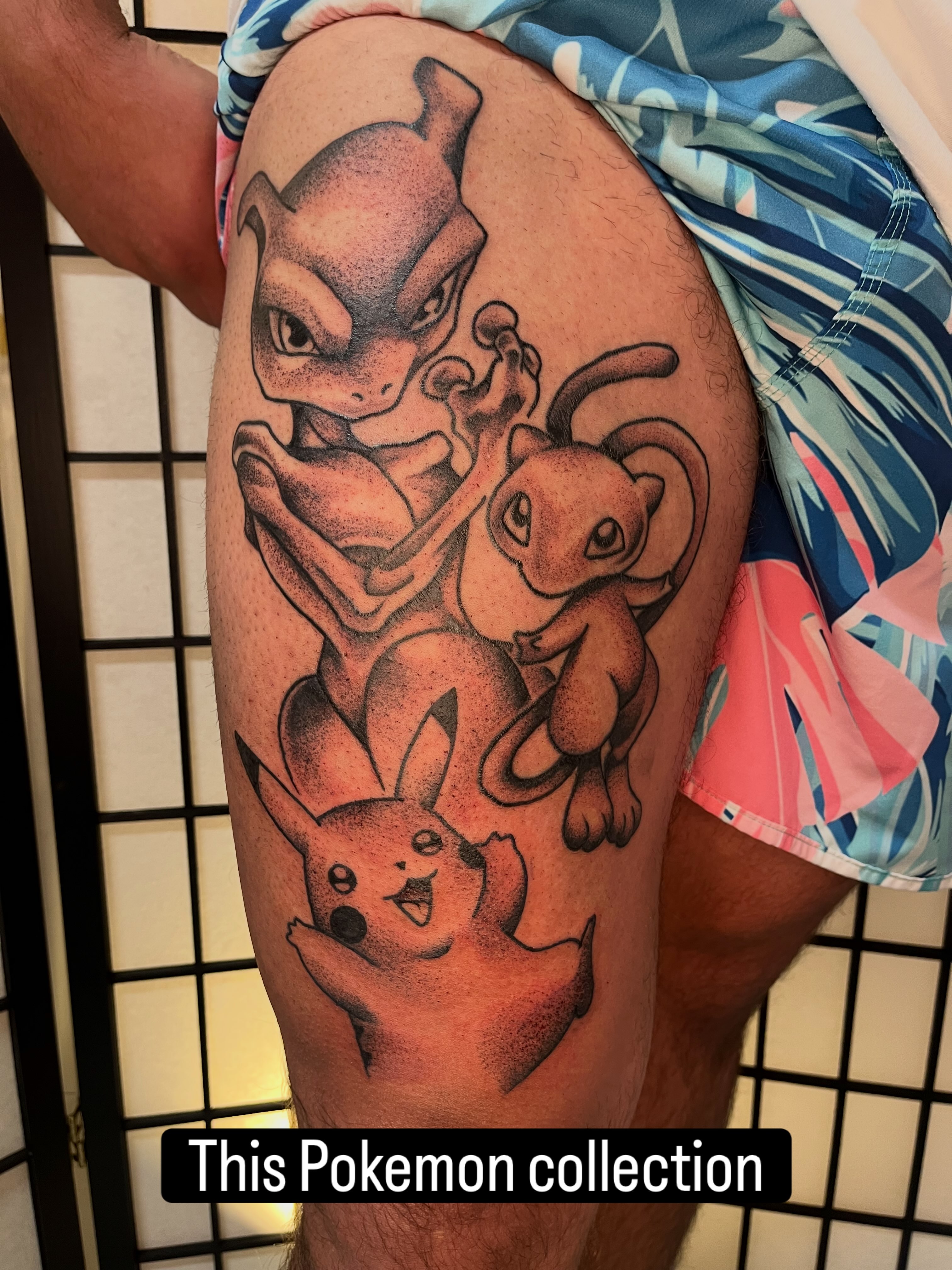 Pokemon characters dotwork tattoo on the thigh by Lauryn Dunkle