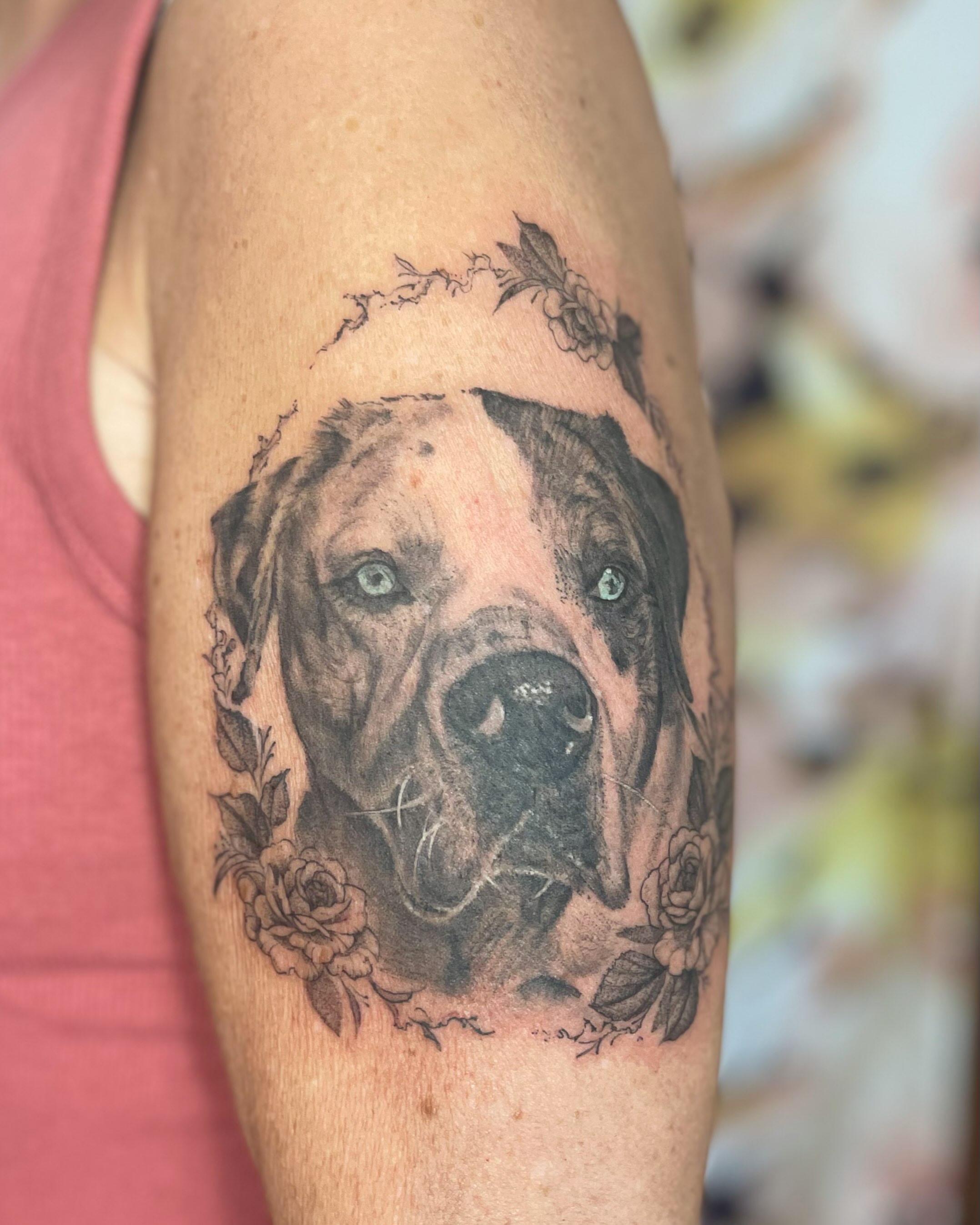 Dog portrait realism tattoo on the forearm by paige  l  ink shrink tattoo