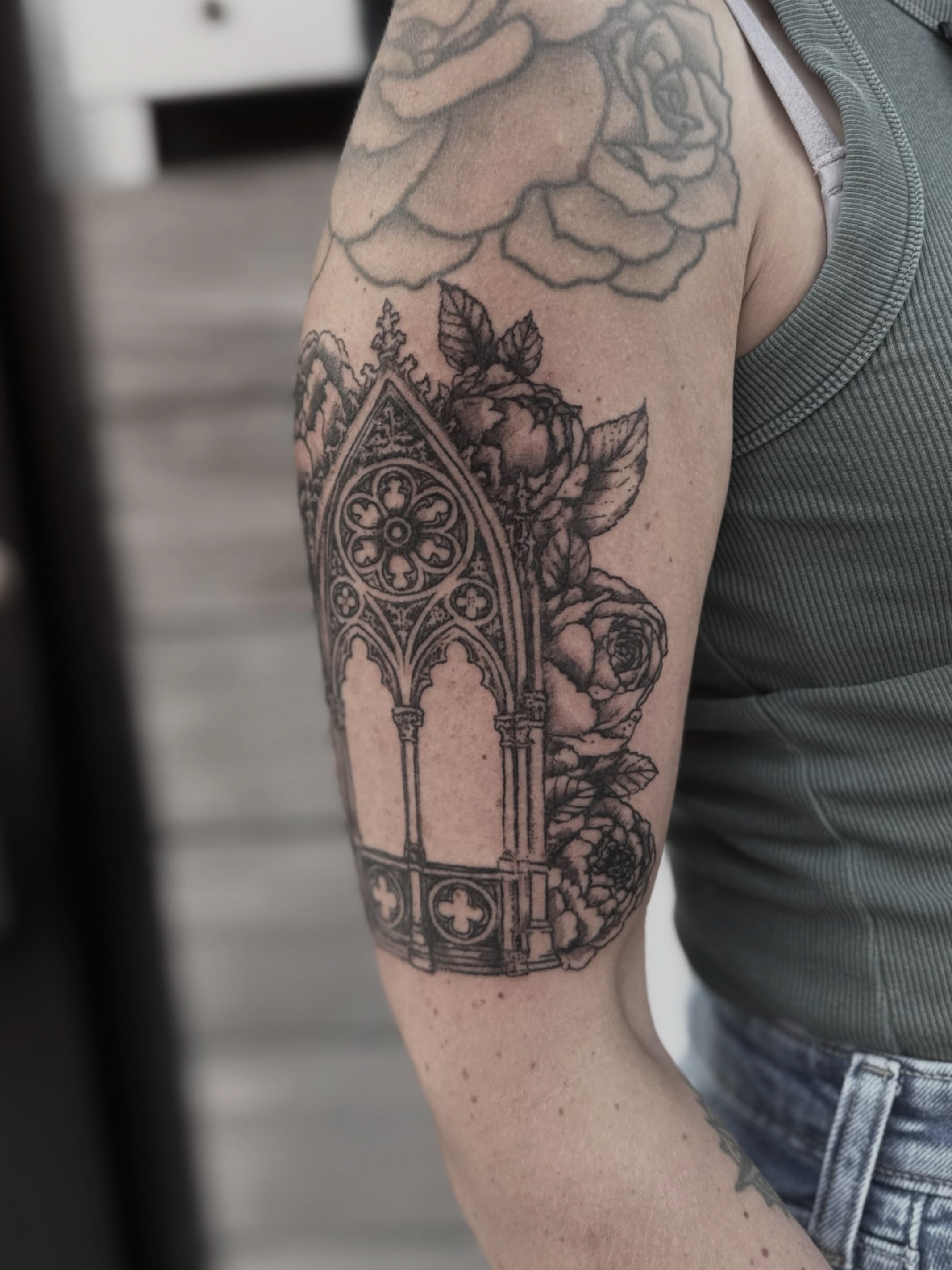 Gothic archway with roses ornamental tattoo on the forearm by Tattoo Artist, Philadelphia, Pennsylvania