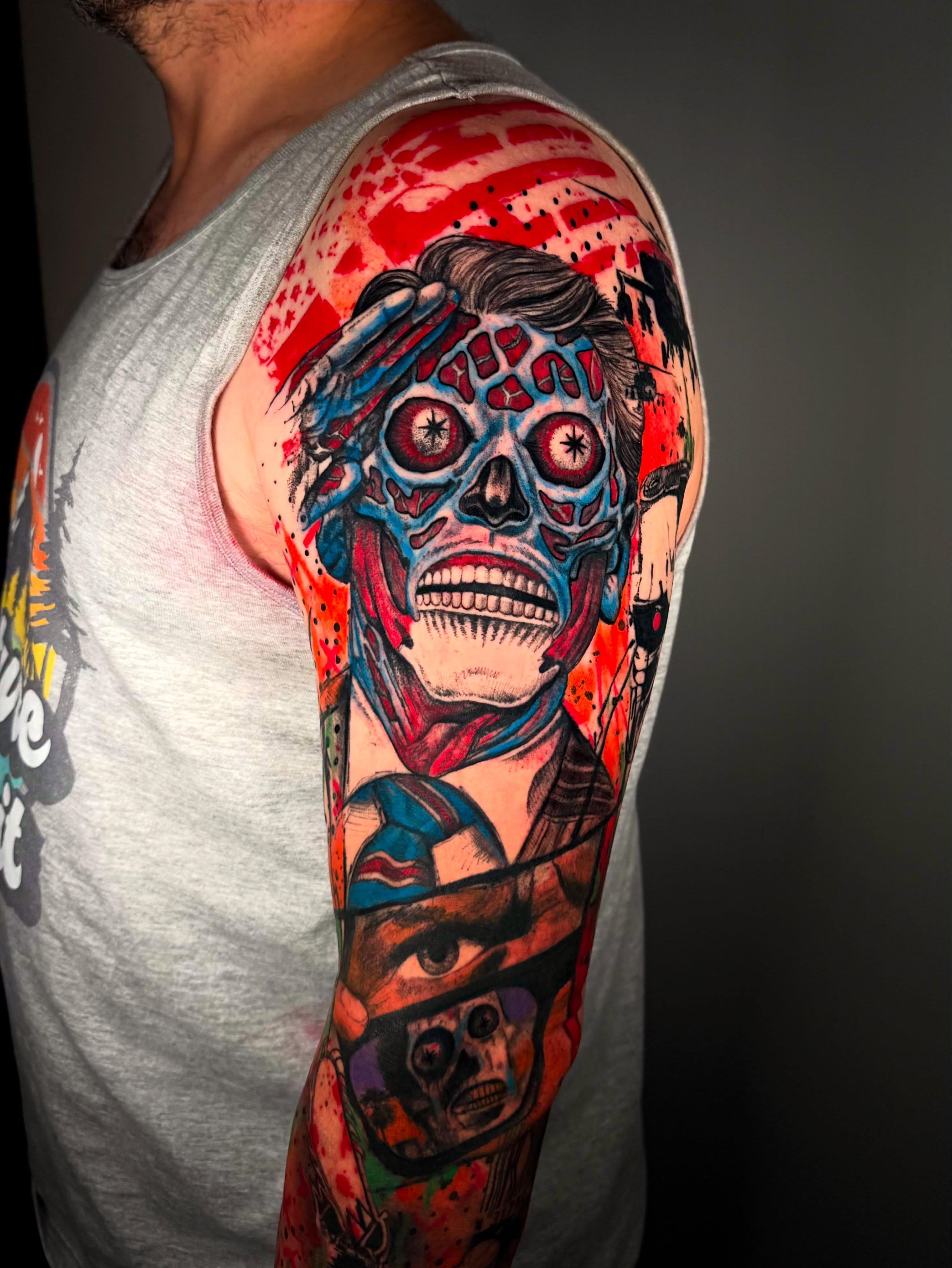 Zombie skull dotwork tattoo on the upper arm by Georgios Papadopoulos Tattoo Artist Los