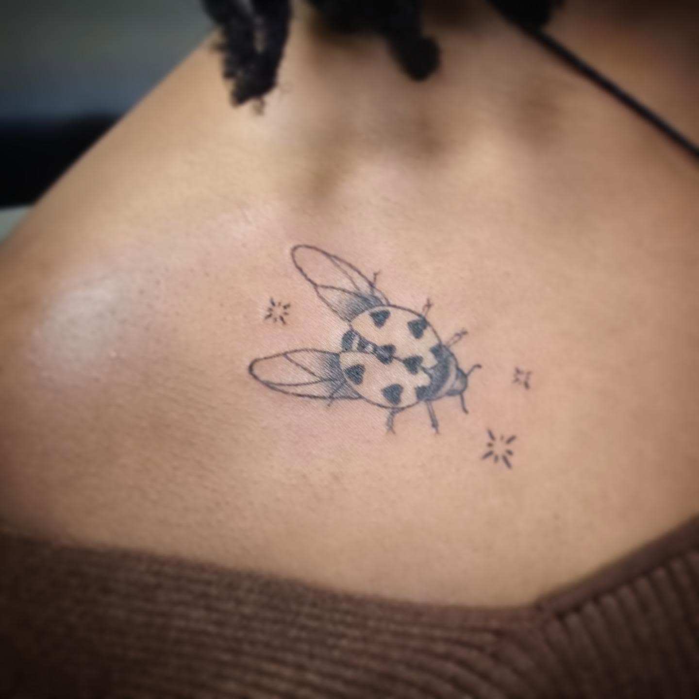 Ladybug black and grey tattoo on the back by Anntonietta Borzacchiello