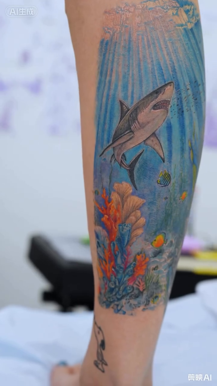 Shark and coral reef realism tattoo by New Root Ink _Studio