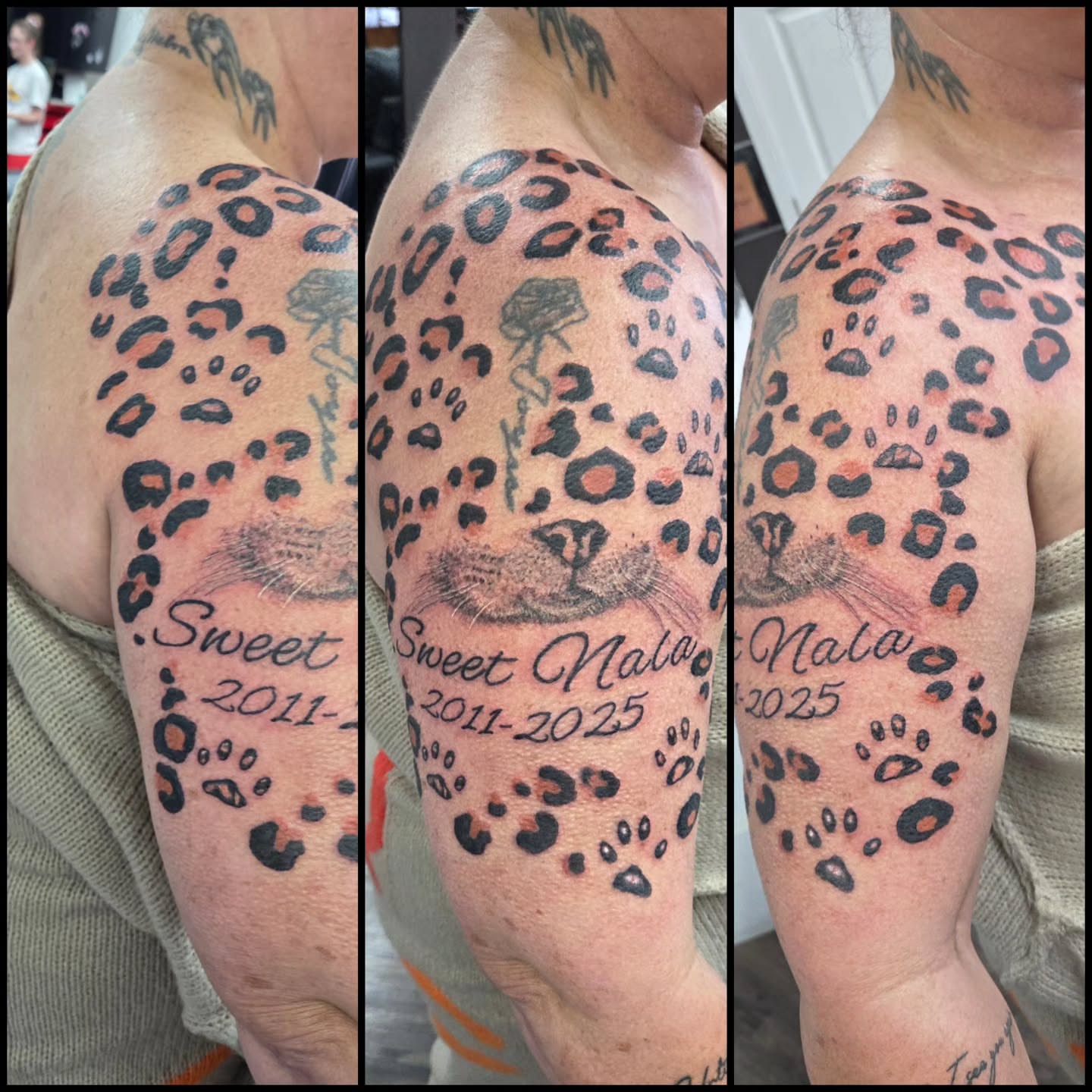 Leopard print black and grey tattoo on the shoulder by Matthew Todd Kremer