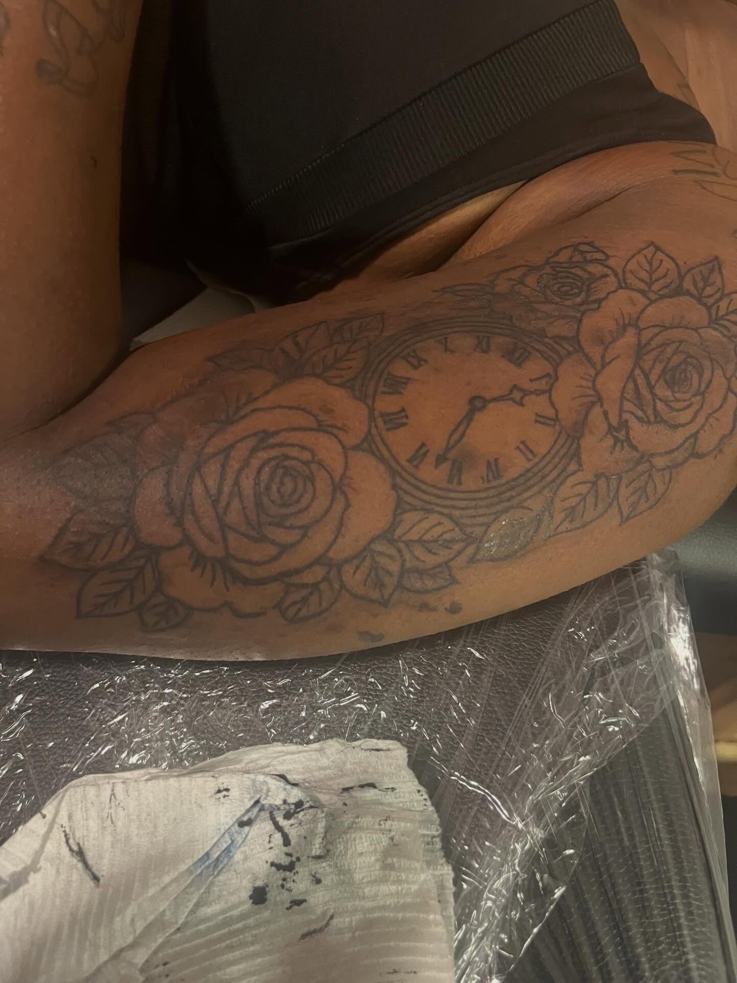 Clock and roses black and grey tattoo on the forearm by π Westside