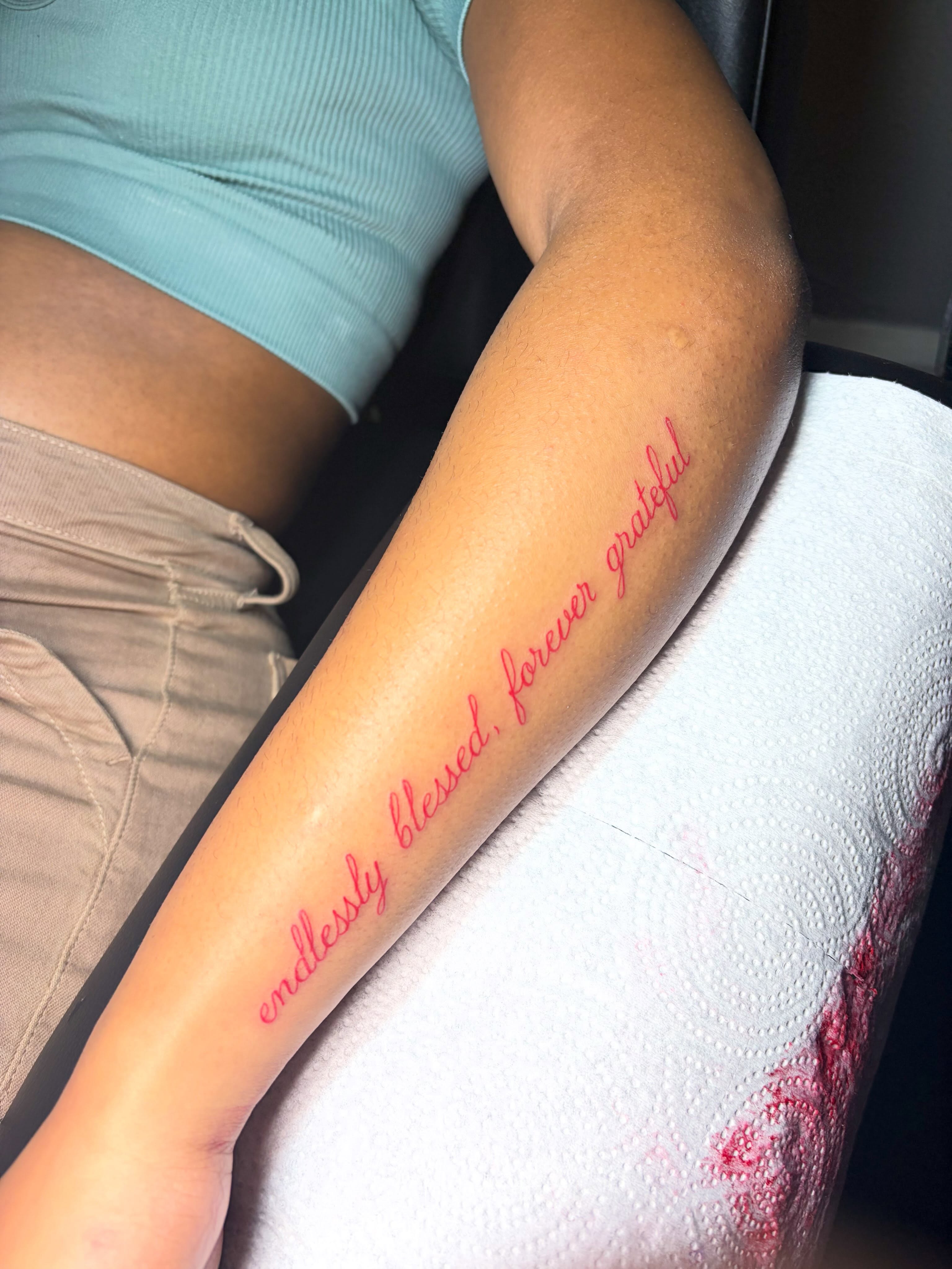 Endlessly blessed, forever grateful lettering script tattoo on the forearm by 216 Tattoos 🥰