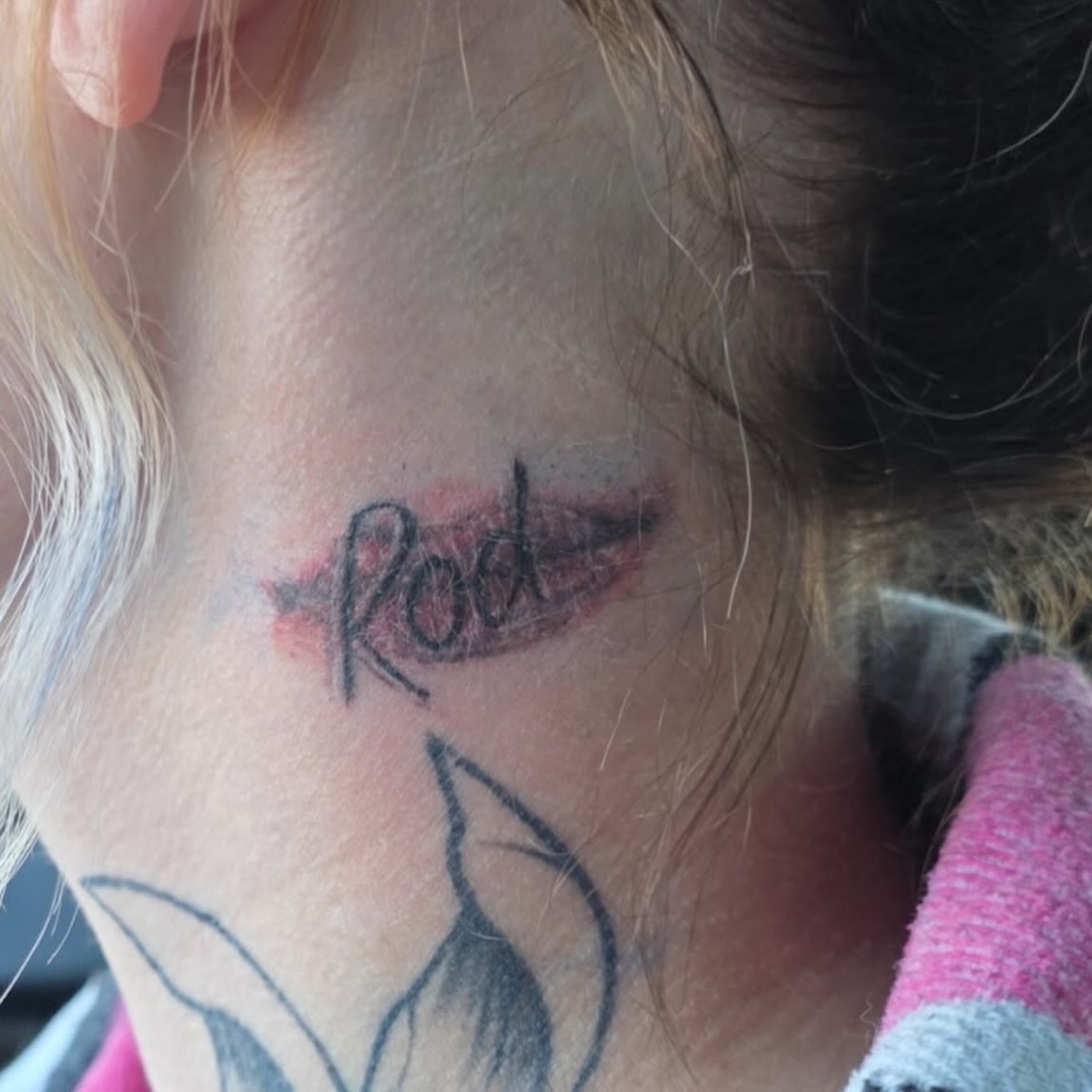 Lettering lettering script tattoo on the neck by Felicia Lee, Des Moines, Iowa