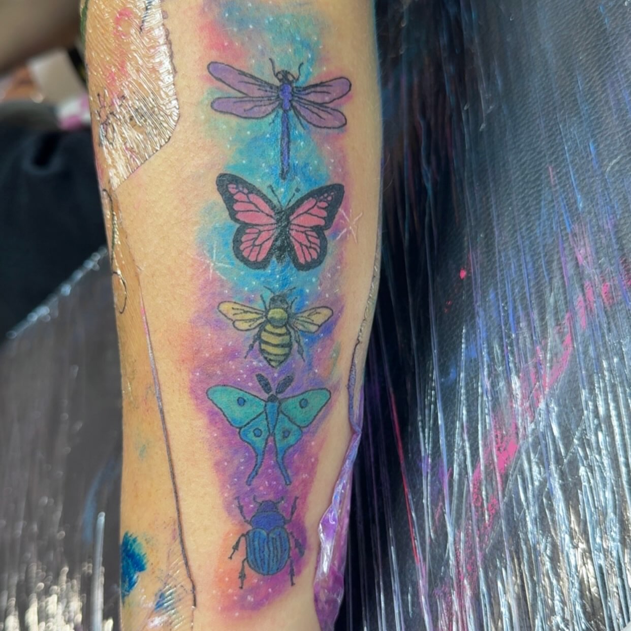 Insects watercolor tattoo on the forearm by Felicia Lee, Des Moines, Iowa