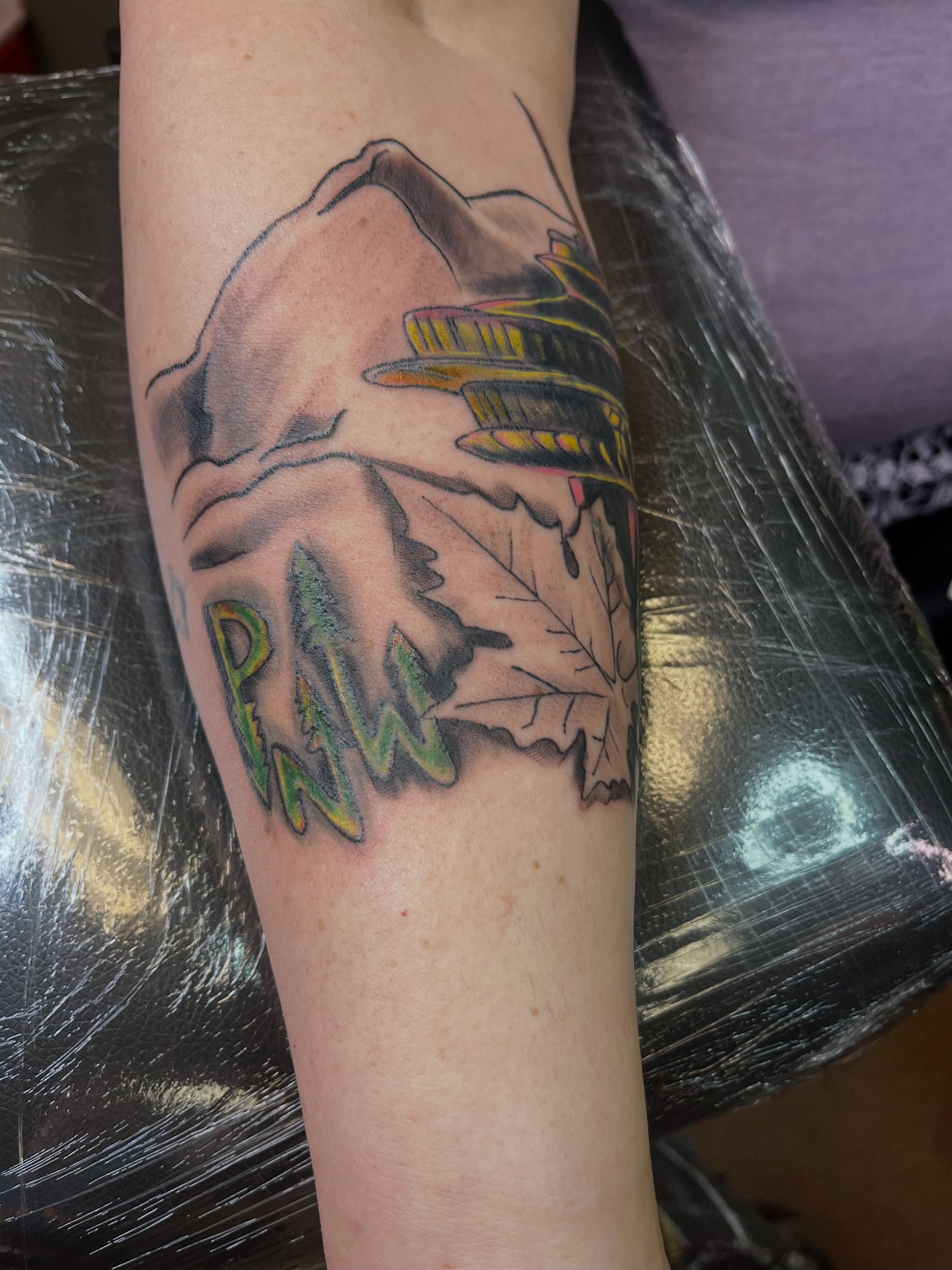 Mountain and leaves realism tattoo on the forearm by Rain David
