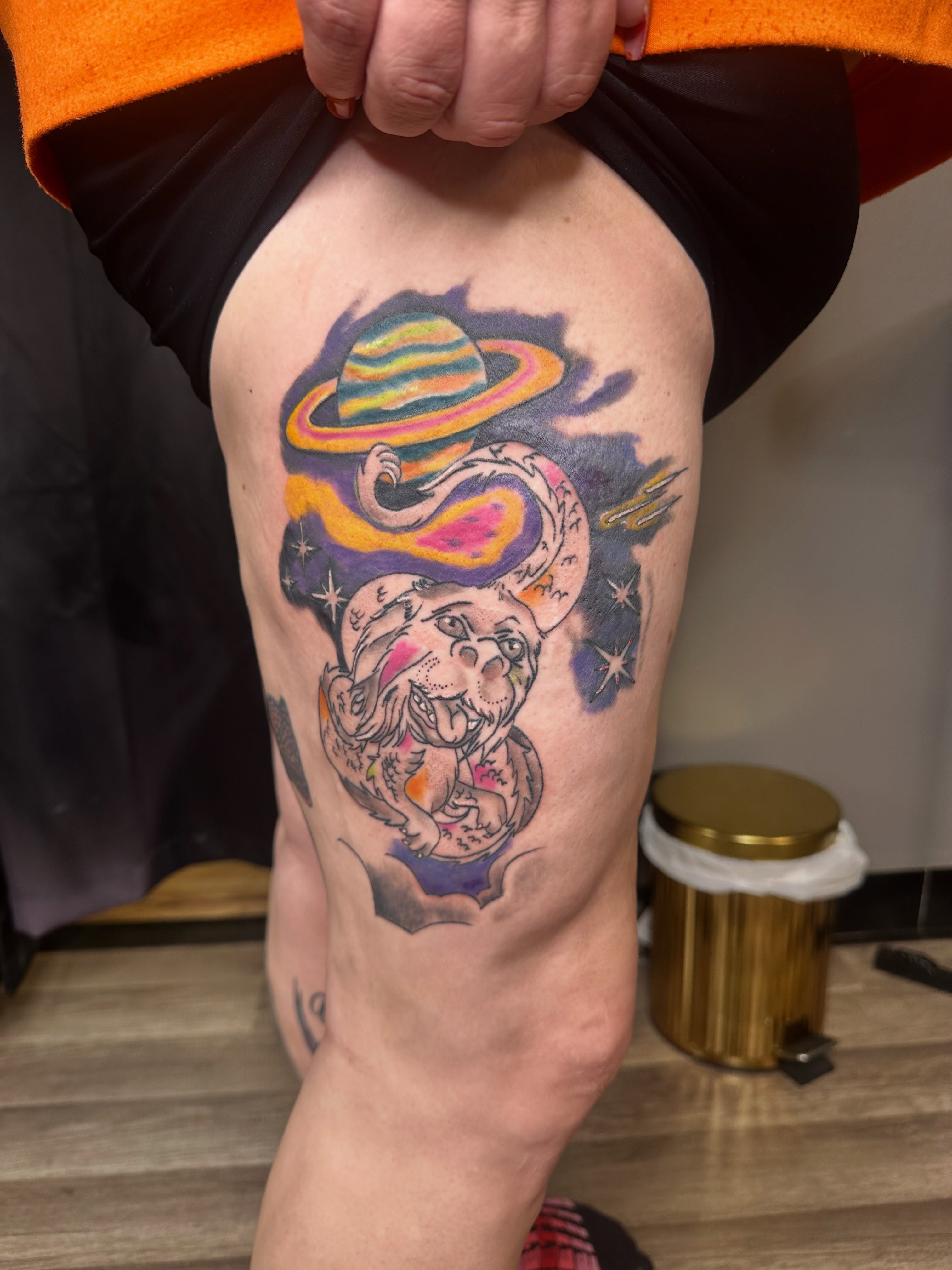 Astronaut lion new school tattoo on the thigh by Rain David
