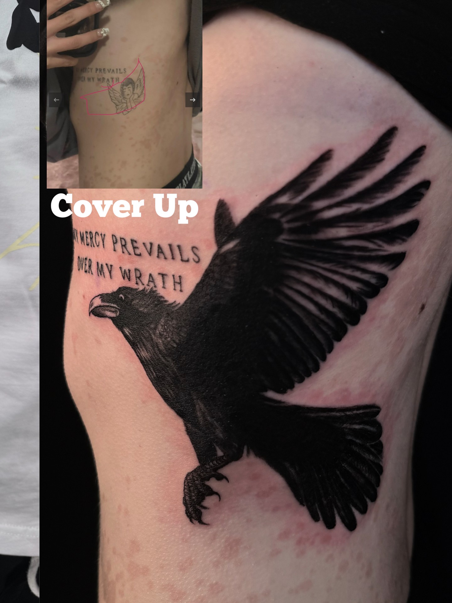 Crow black and grey tattoo on the thigh by Las Vegas Artist π©π½βπ¨