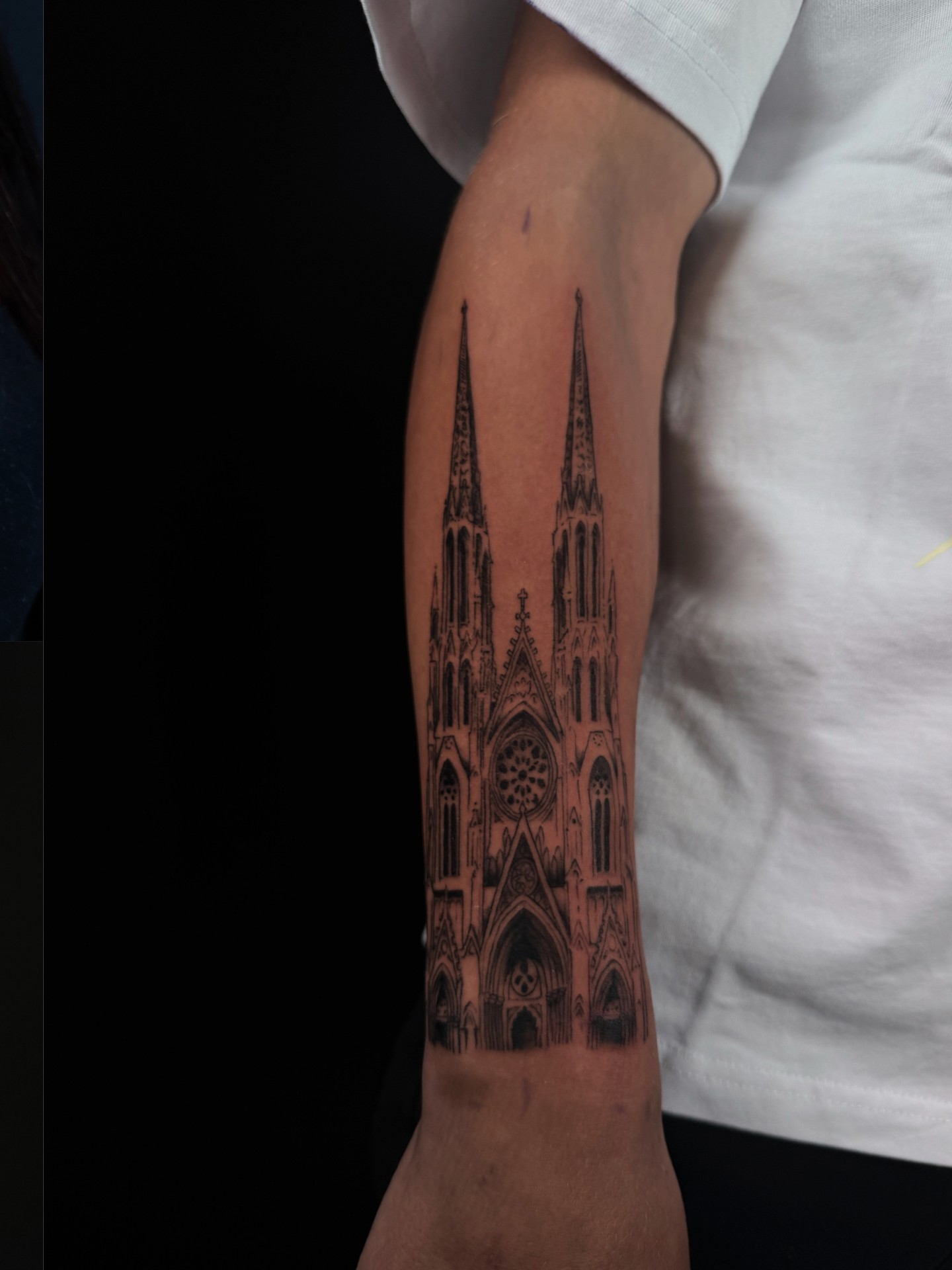 Gothic cathedral black and grey tattoo on the forearm by Las Vegas Artist π©π½βπ¨