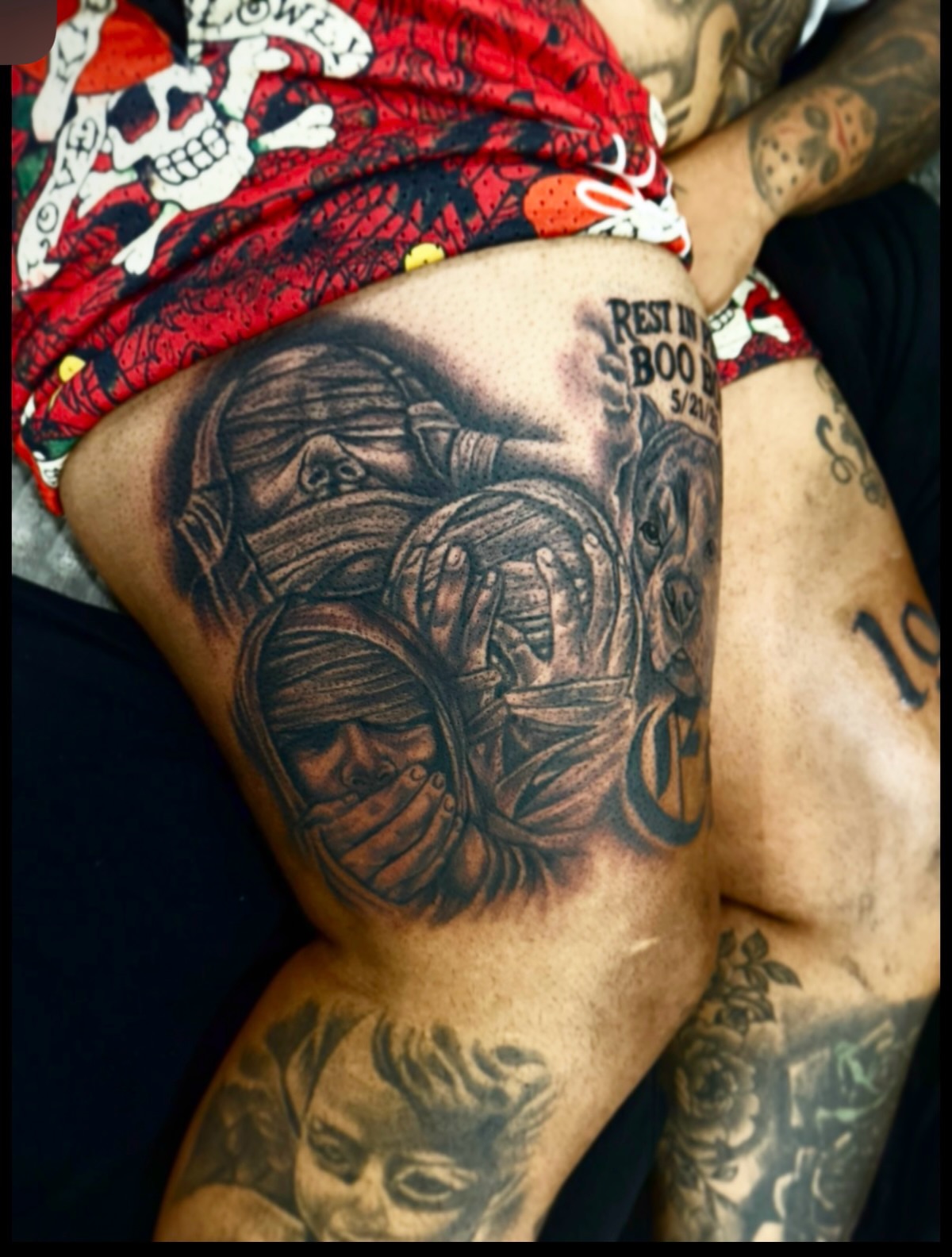 Mummy realism tattoo on the thigh by Lamb, Philadelphia, Pennsylvania