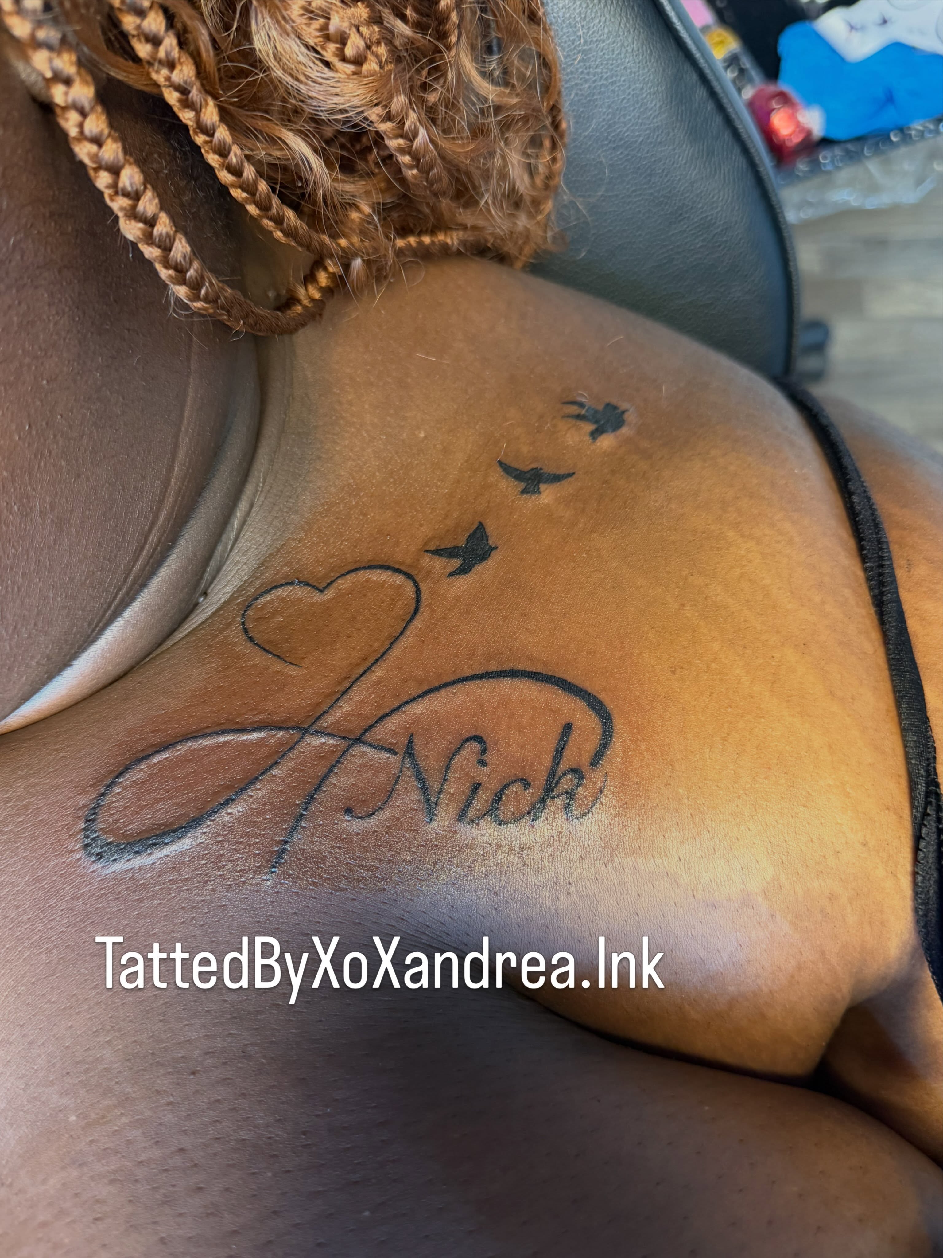 Name with heart and birds lettering script tattoo on the shoulder by XoXandrea.Ink, Kansas City, Missouri