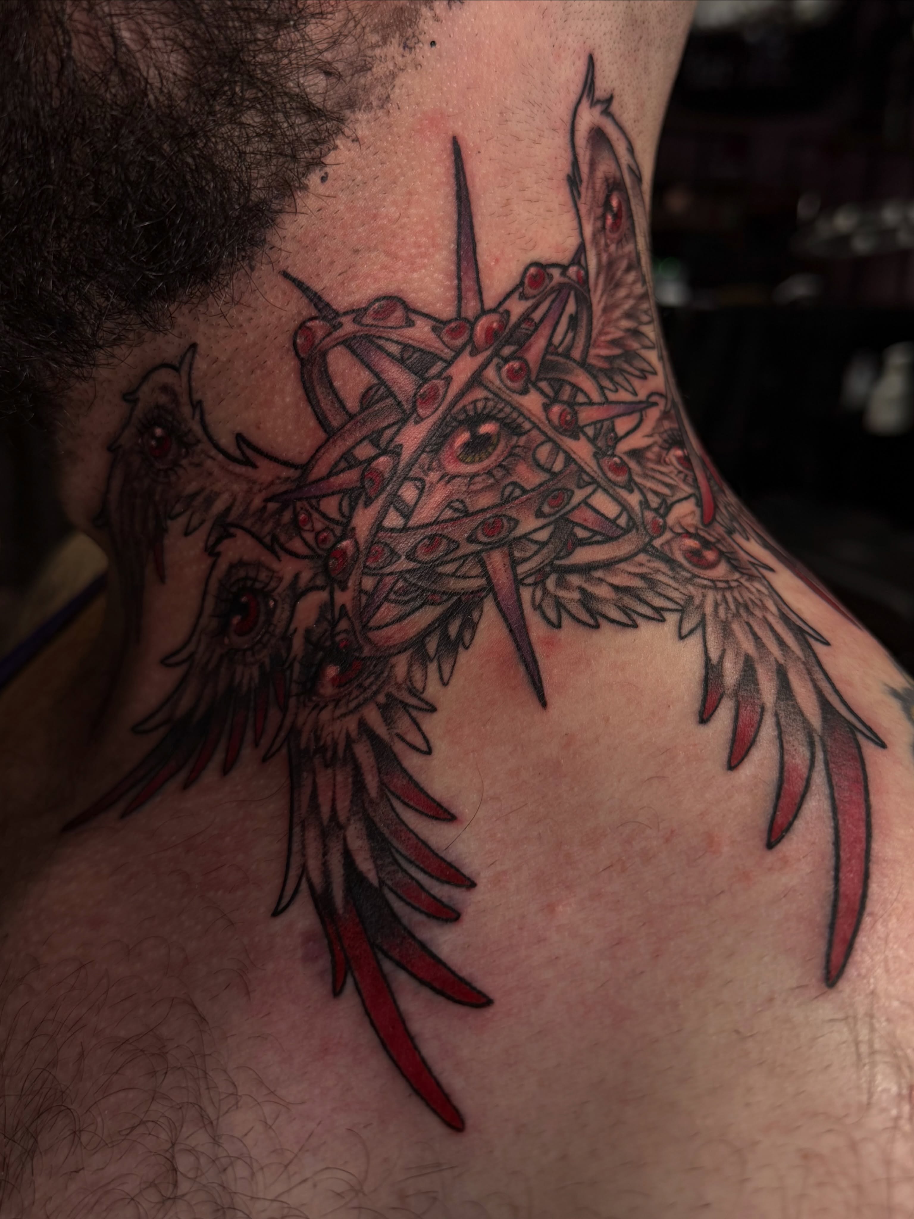 Phoenix neo-traditional tattoo on the neck by Chloe Peters 🦭🦄🏳️‍🌈