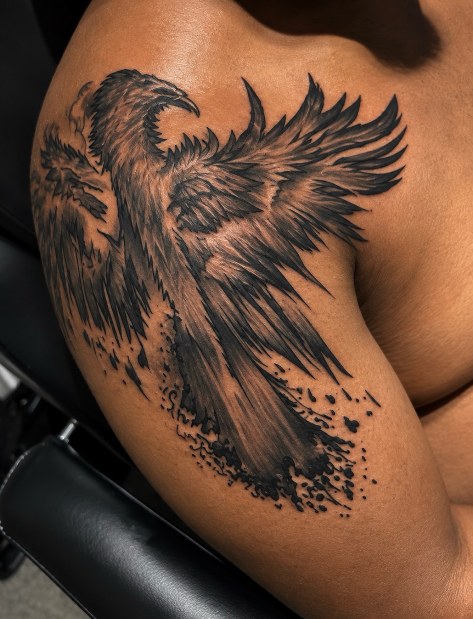 Phoenix black and grey tattoo on the shoulder by @tatzbythadon