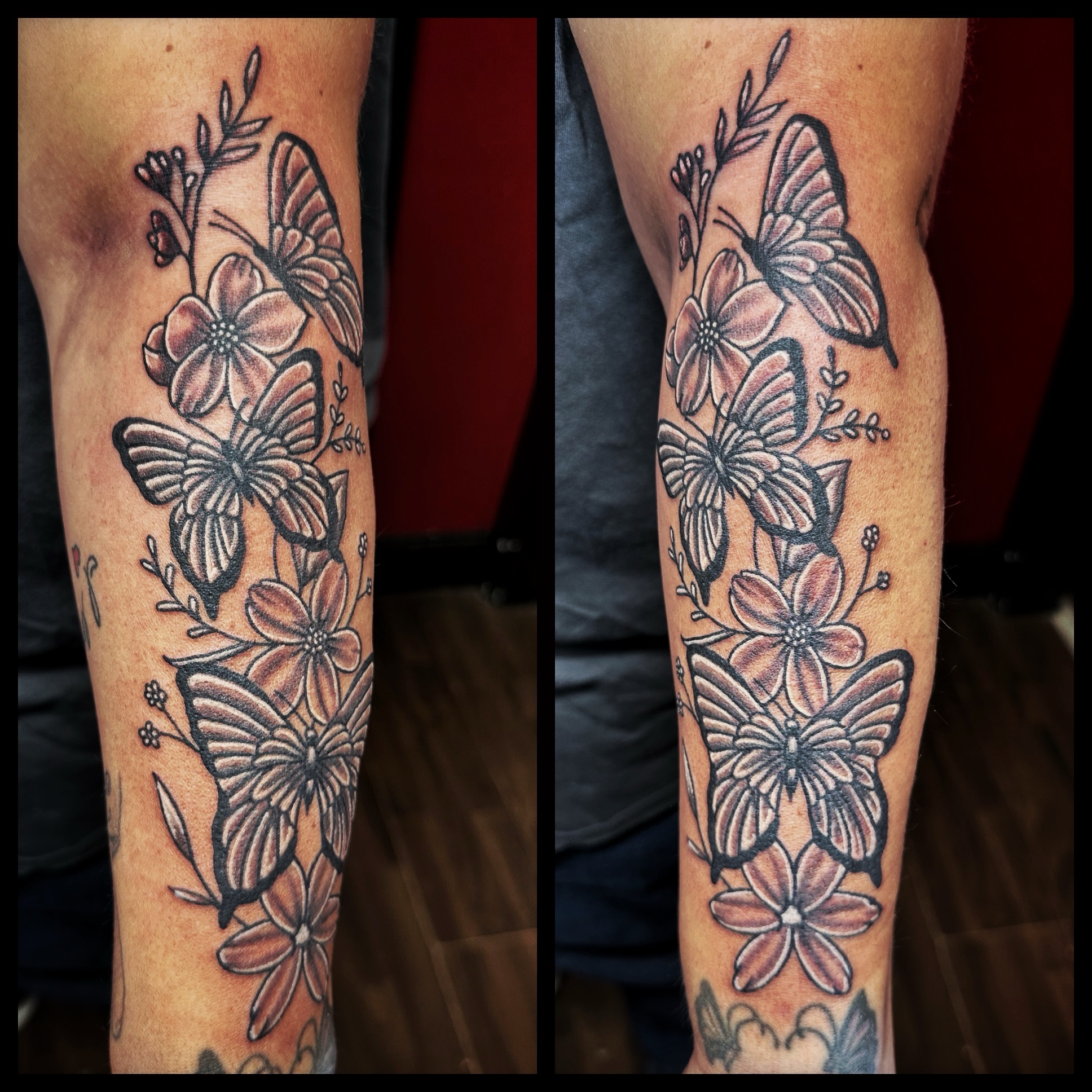 Butterflies and flowers American traditional tattoo on the forearm by Anthony Guido